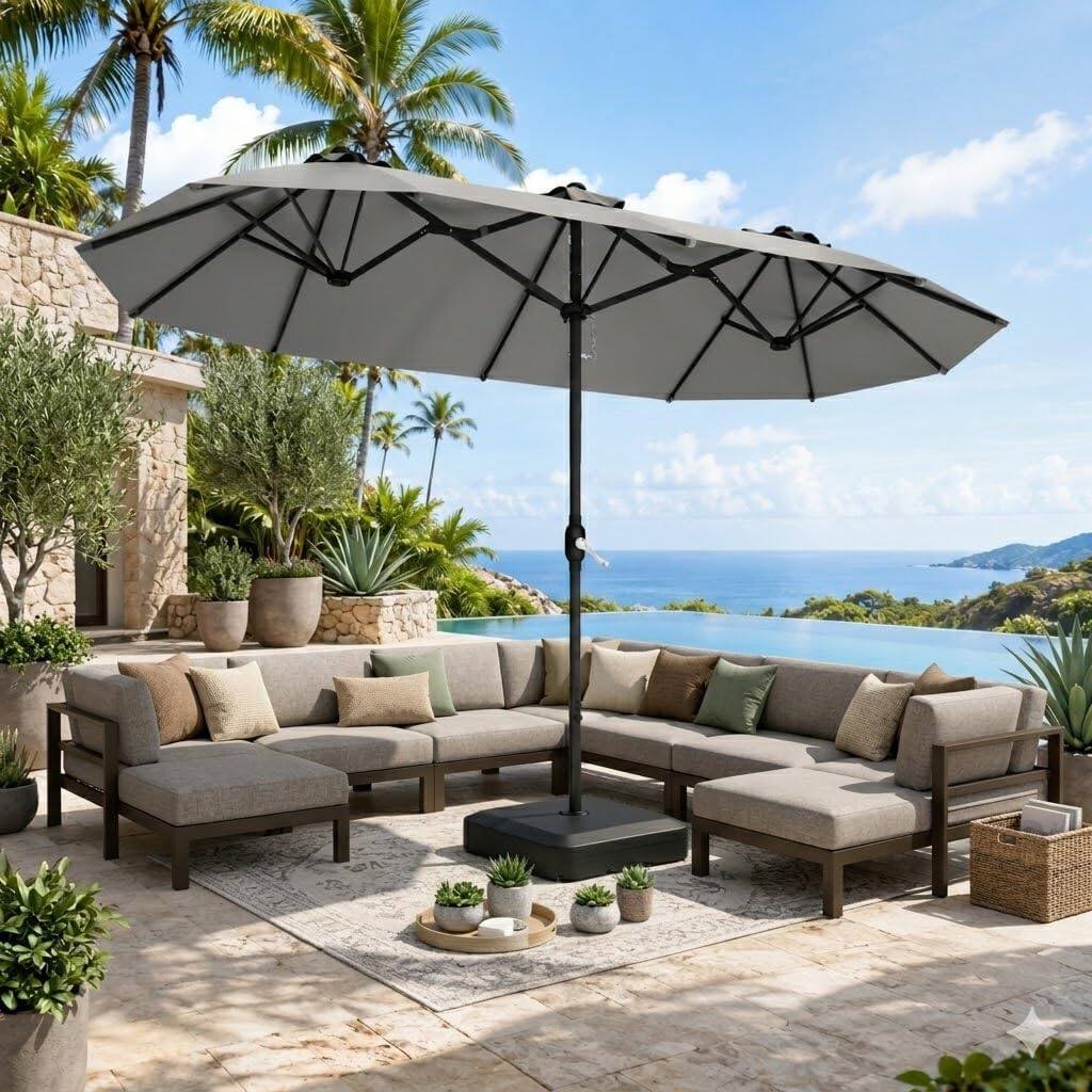 Angle. Yardgrace - 15ft Triple Patio Umbrella with Base Double Sided Easy Crank 12 Ribs Ventilation Openings - Gray.