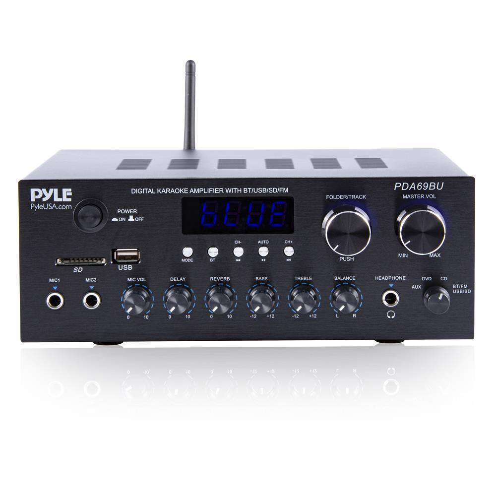 PYLE  
PyleUSA.com  

DIGITAL KARAOKE AMPLIFIER WITH BT/USB/SD/FM  

PDA69BU  

POWER  
ON OFF  

AUTO  
CH- CH+  

FOLDER/TRACK  

MASTER VOL  

MIC1  
MIC2  

MIC VOL  

DELAY  

REVERB  

BASS  

TREBLE  

BALANCE  

HEADPHONE  

DVD CD  

AUX  

BT/USB/SD  

SD  

USB  

PUSH  

MIN MAX  

0 10  

-12 +12  

-12 +12  

-12 +12  

L R  

0 10  

0 10  

0 10  

0 10  

0 10  

0 10  

0 10  

0 10  

0 10  

0 10  

0 10  

0 10  

0 10  

0 10  

0 10  

0 10  

0 10  

0 10  

0 10  

0 10  

0 10  

0 10  

0 10  

0 10  

0 10  

