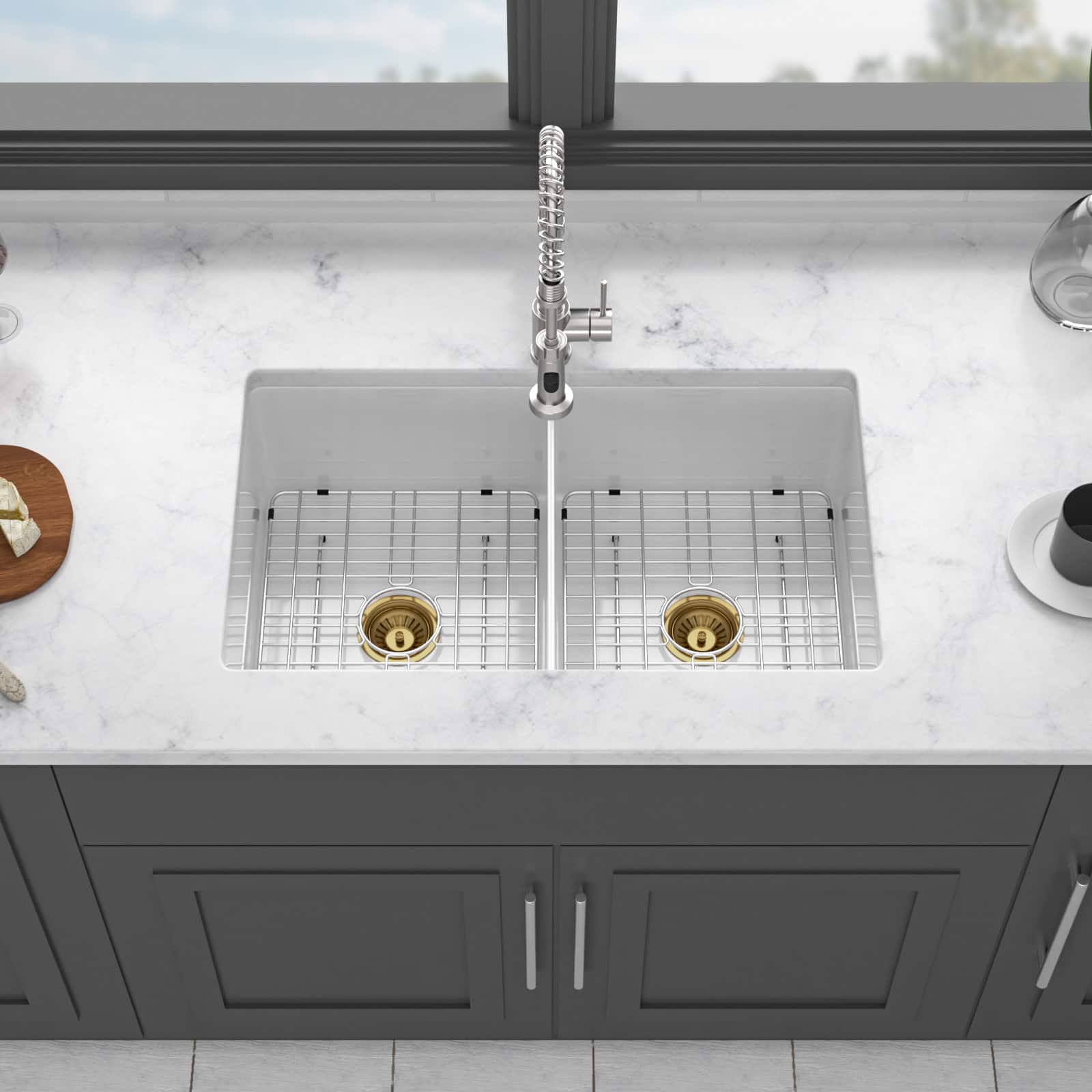 APRILSOUL - 32 in Undermount Double Bowl Porcelain Ceramic Kitchen Sink - Dual Mount Ceramic Rectangular Deep Sink Basin - White