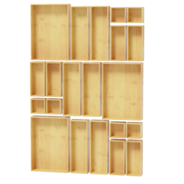 Tooloton - Bamboo Drawer Organizer Set, 21-Piece Wooden Trays for Kitchen, Bathroom, Office and Makeup Storage - Natural