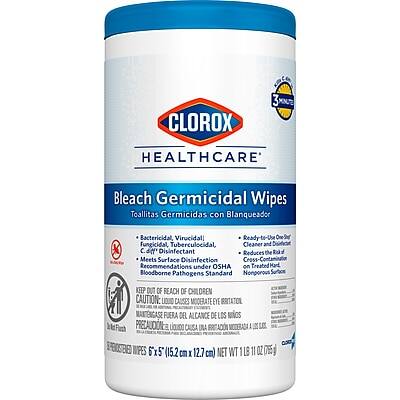 CLOROX HEALTHCARE
Bleach Germicidal Wipes
Toallitas Germicidas con Blanqueador
- Bactericidal, Virucidal, Fungicidal, Tuberculocidal
- Ready-to-Use
- Cleaner and Disinfectant
- Reduces the Risk of Cross-Contamination
- Meets Surface Disinfection Recommendations under OSHA on Treated Surfaces
- Meets Bloodborne Pathogens Standard
KEEP OUT OF REACH OF CHILDREN
CAUTION: LIQUID CAUSES MODERATE EYE IRRITATION
MANTÉNGASE FUERA DEL ALCANCE DE LOS NIÑOS
PRECAUCIÓN: EL LÍQUIDO CAUSA UNA IRRITACIÓN MODERADA EN LOS OJOS
6" x 5" (15.2 cm x 12.7 cm)
NET WT 1 LB 11 OZ (795g)