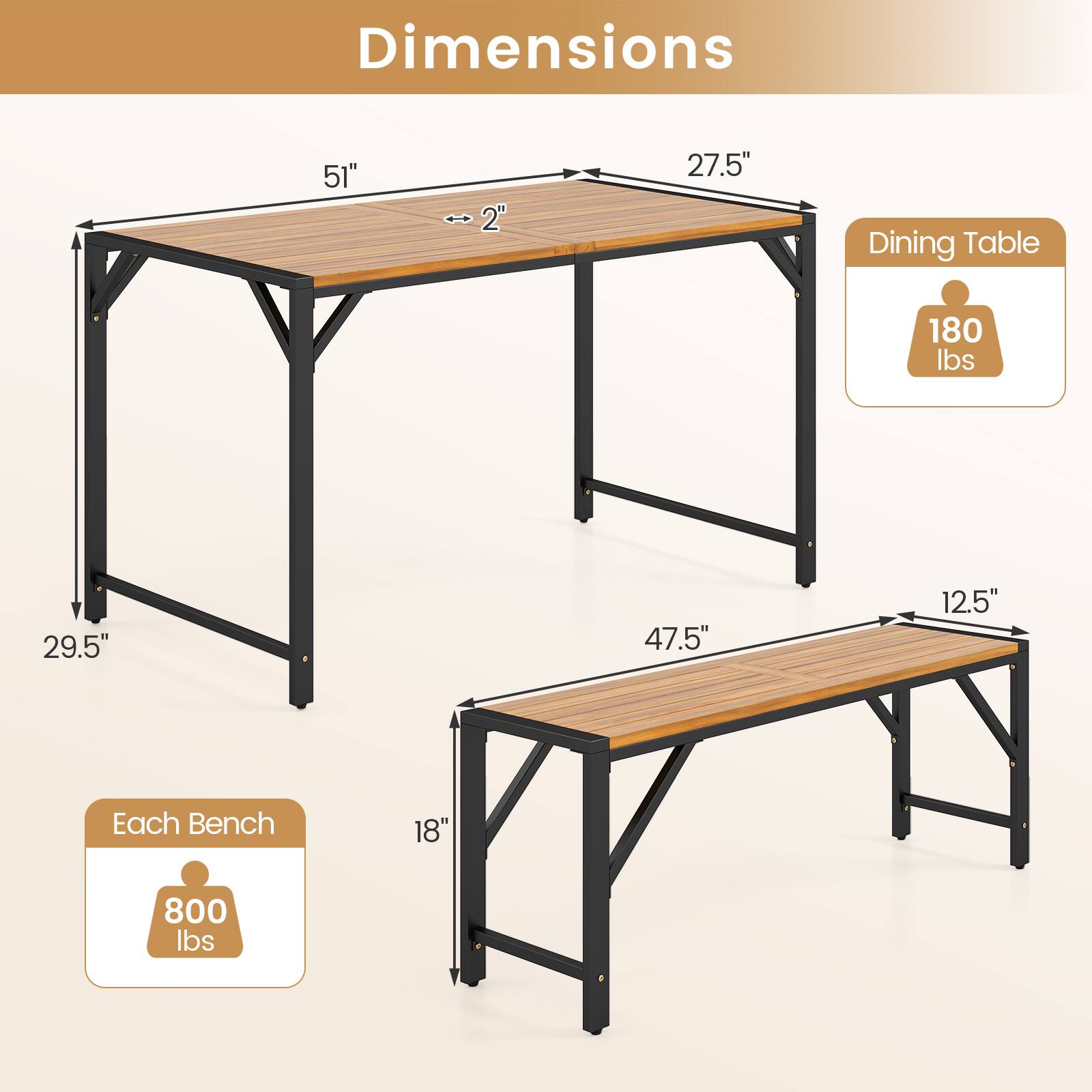 Dimensions: 51" x 2" x 27.5" Dining Table (180 lbs), 29.5" x 47.5" x 12.5" Each Bench (800 lbs)