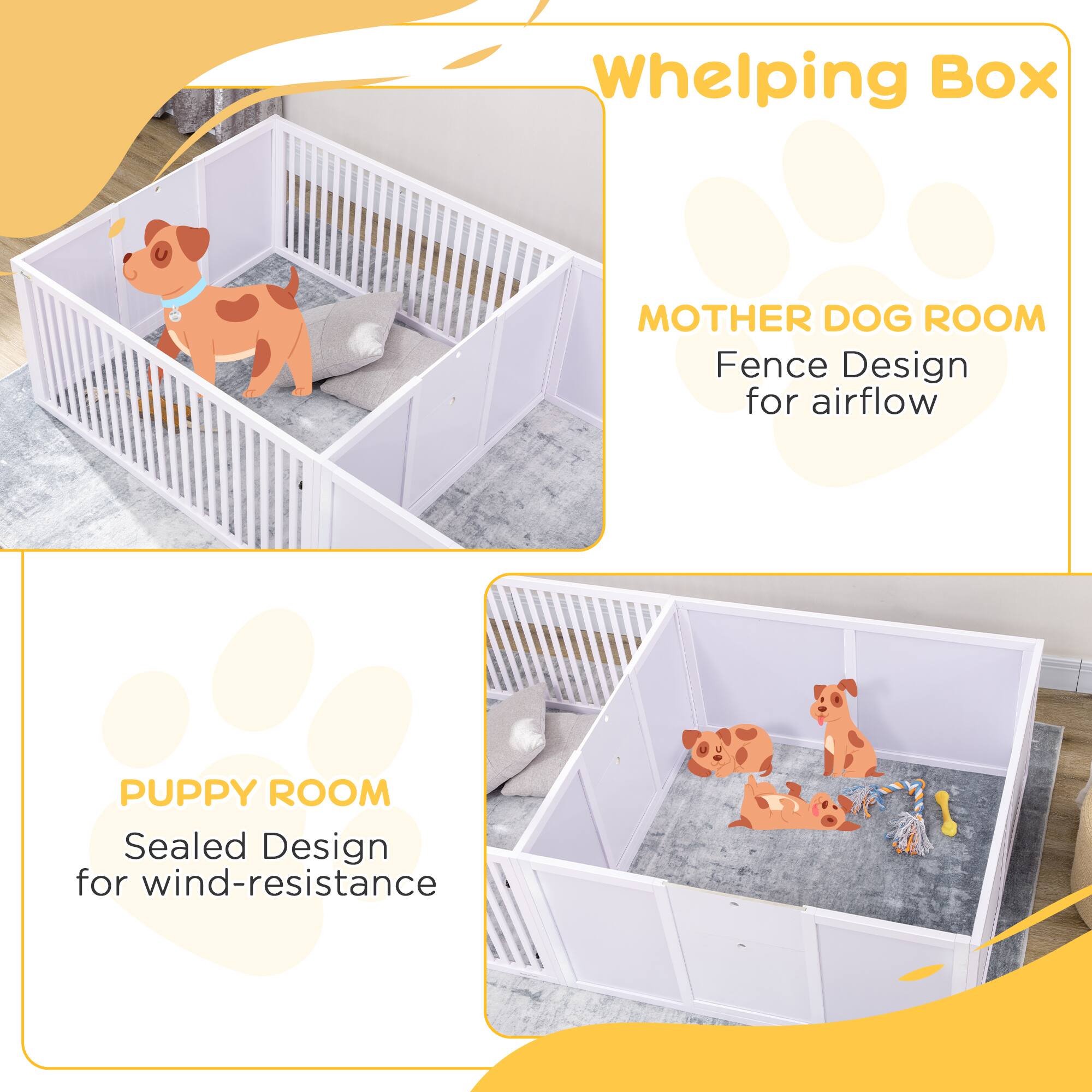 Whelping Box

MOTHER DOG ROOM  
Fence Design for airflow

PUPPY ROOM  
Sealed Design for wind-resistance