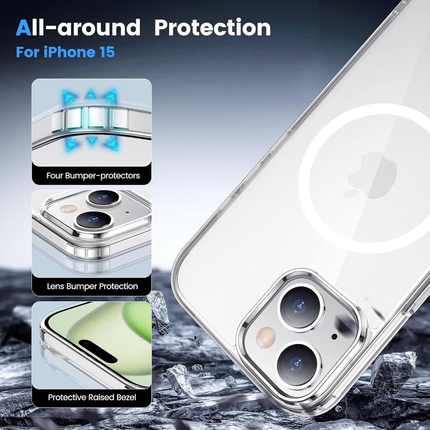 All-around Protection For iPhone 15
Four Bumper-protectors
Lens Bumper Protection
Protective Raised Bezel