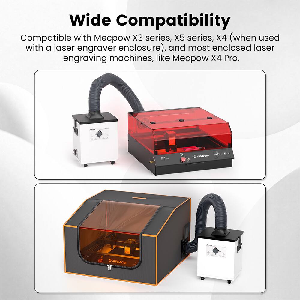 Wide Compatibility

Compatible with Mecpow X3 series, X5 series, X4 (when used with a laser engraver enclosure), and most enclosed laser engraving machines, like Mecpow X4 Pro.