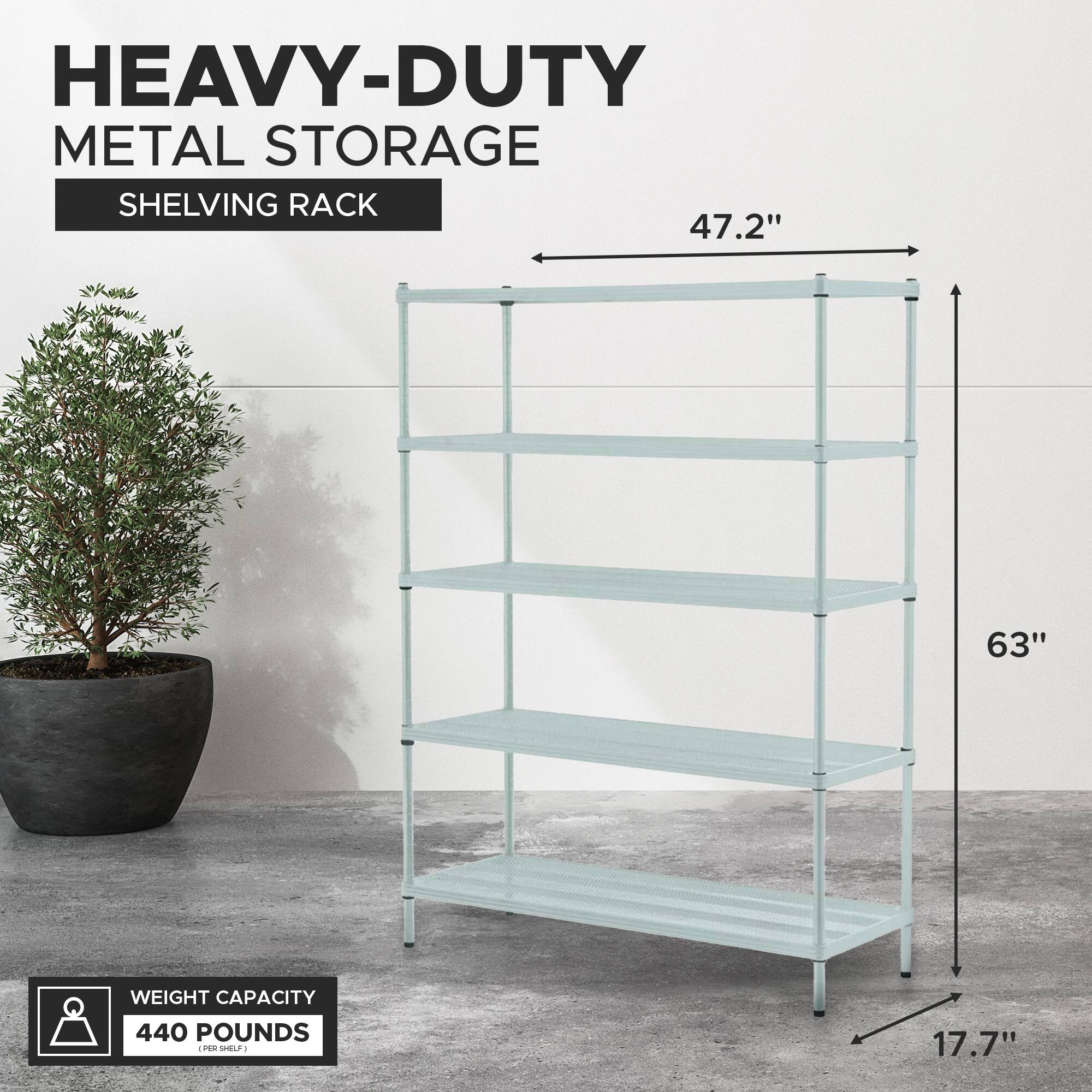 HEAVY-DUTY METAL STORAGE SHELVING RACK

- Width: 47.2"
- Height: 63"
- Depth: 17.7"

WEIGHT CAPACITY: 440 POUNDS (PER SHELF)