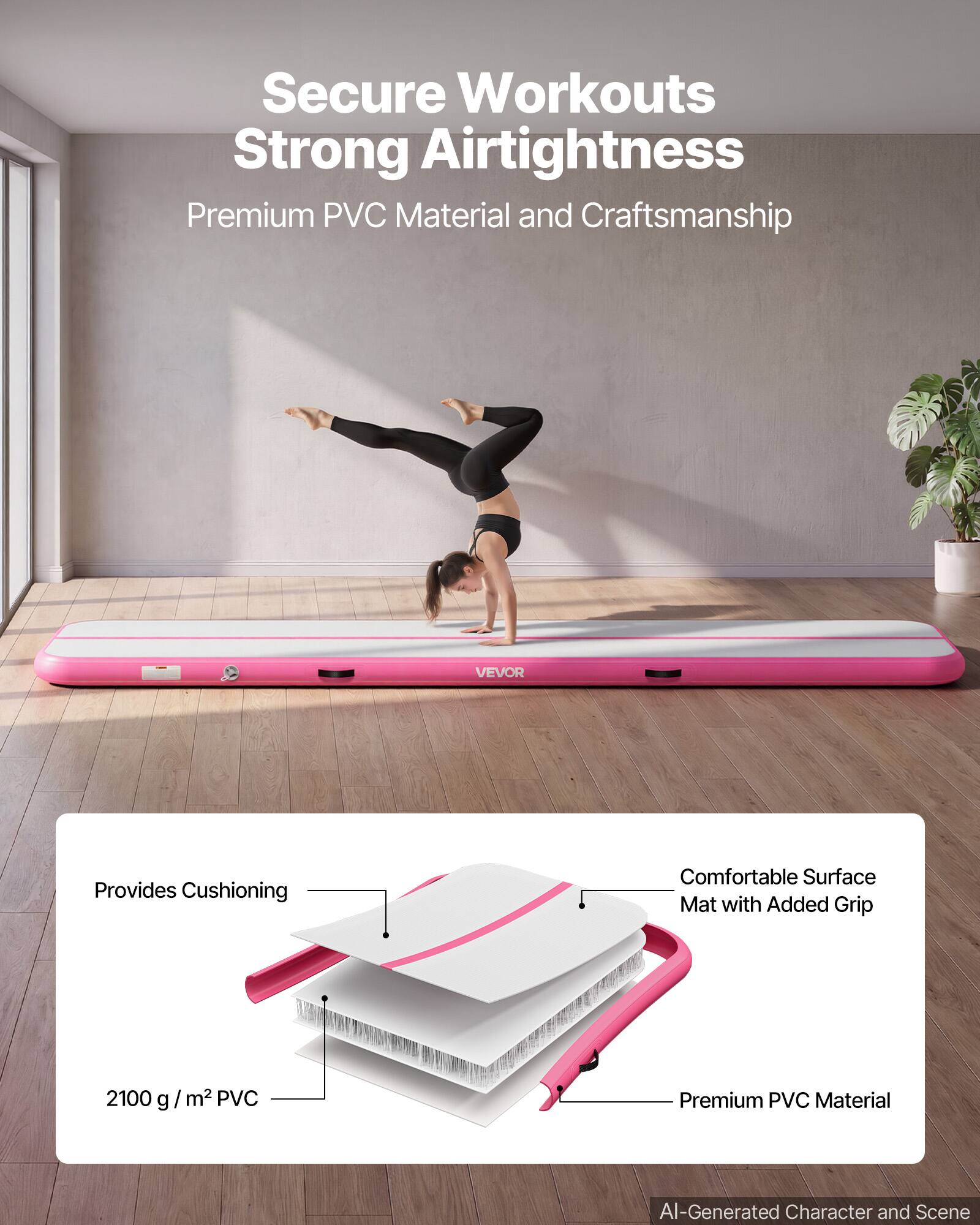 Secure Workouts Strong Airtightness  
Premium PVC Material and Craftsmanship  
VEVOR Provides Cushioning  
Comfortable Surface Mat with Added Grip  
2100 g / m² PVC  
Premium PVC Material  
AI-Generated Character and Scene