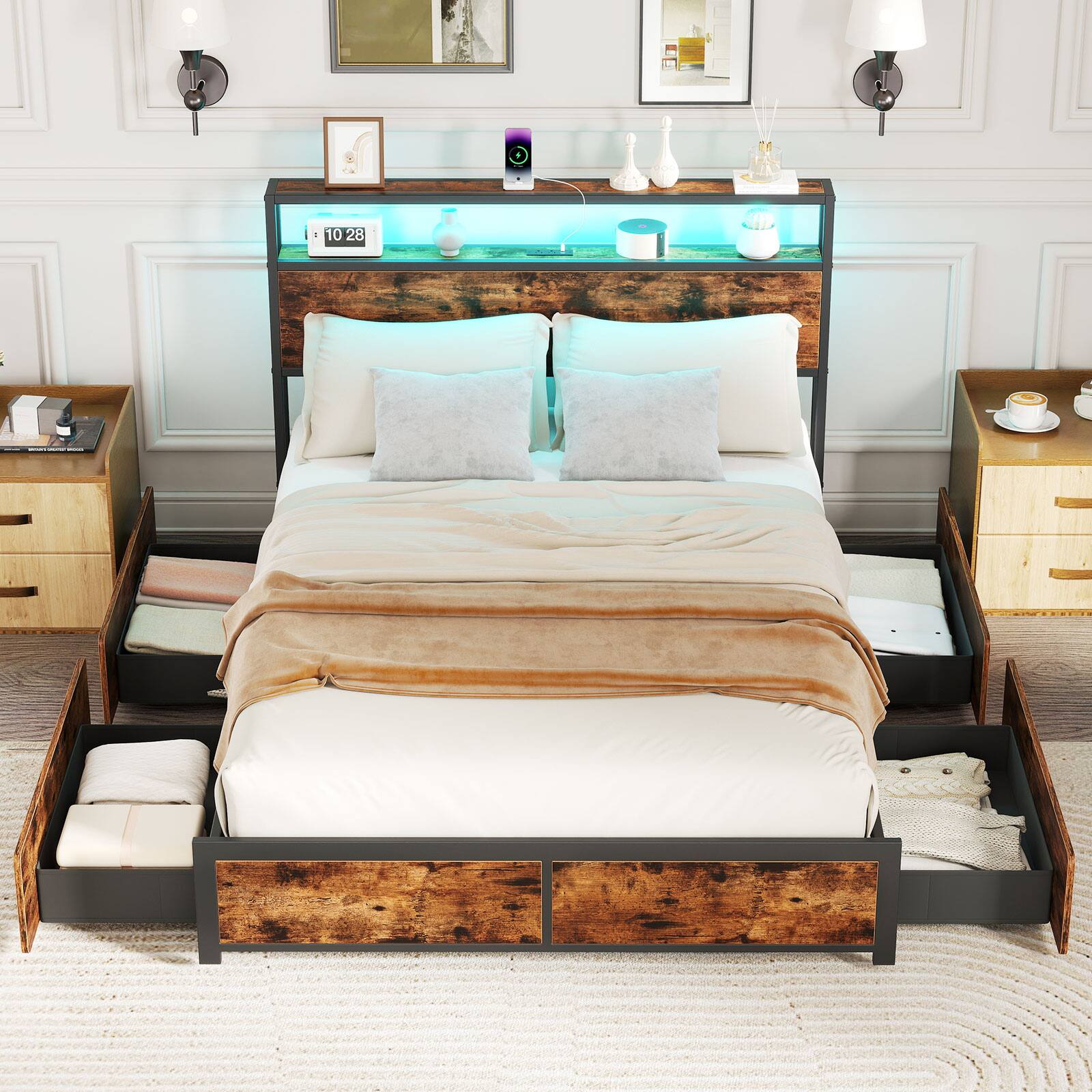 Alt View 1. Gymax - Gymax Full Size LED Bed Frame w/2-Tier Storage Headboard & 4 Drawers Charging Station - Brown.