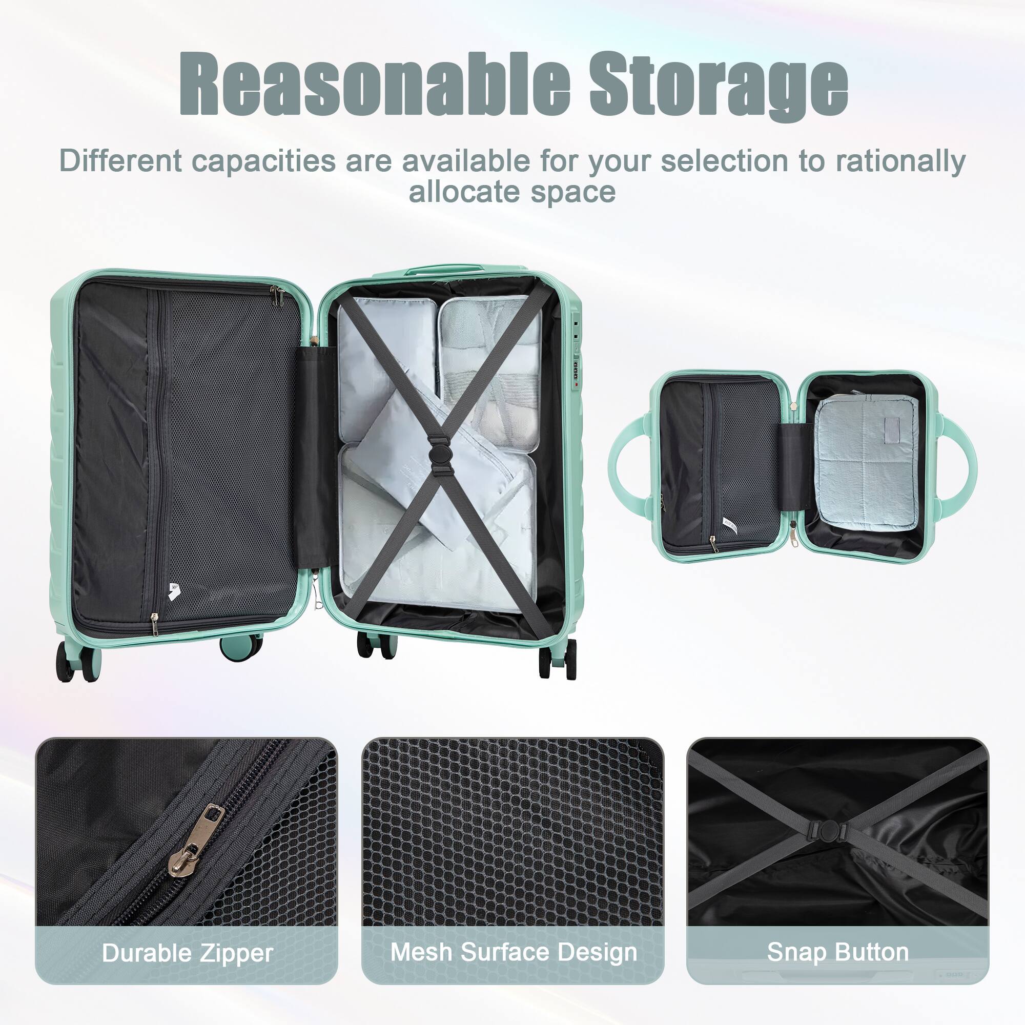 Reasonable Storage

Different capacities are available for your selection to rationally allocate space

- Durable Zipper
- Mesh Surface Design
- Snap Button