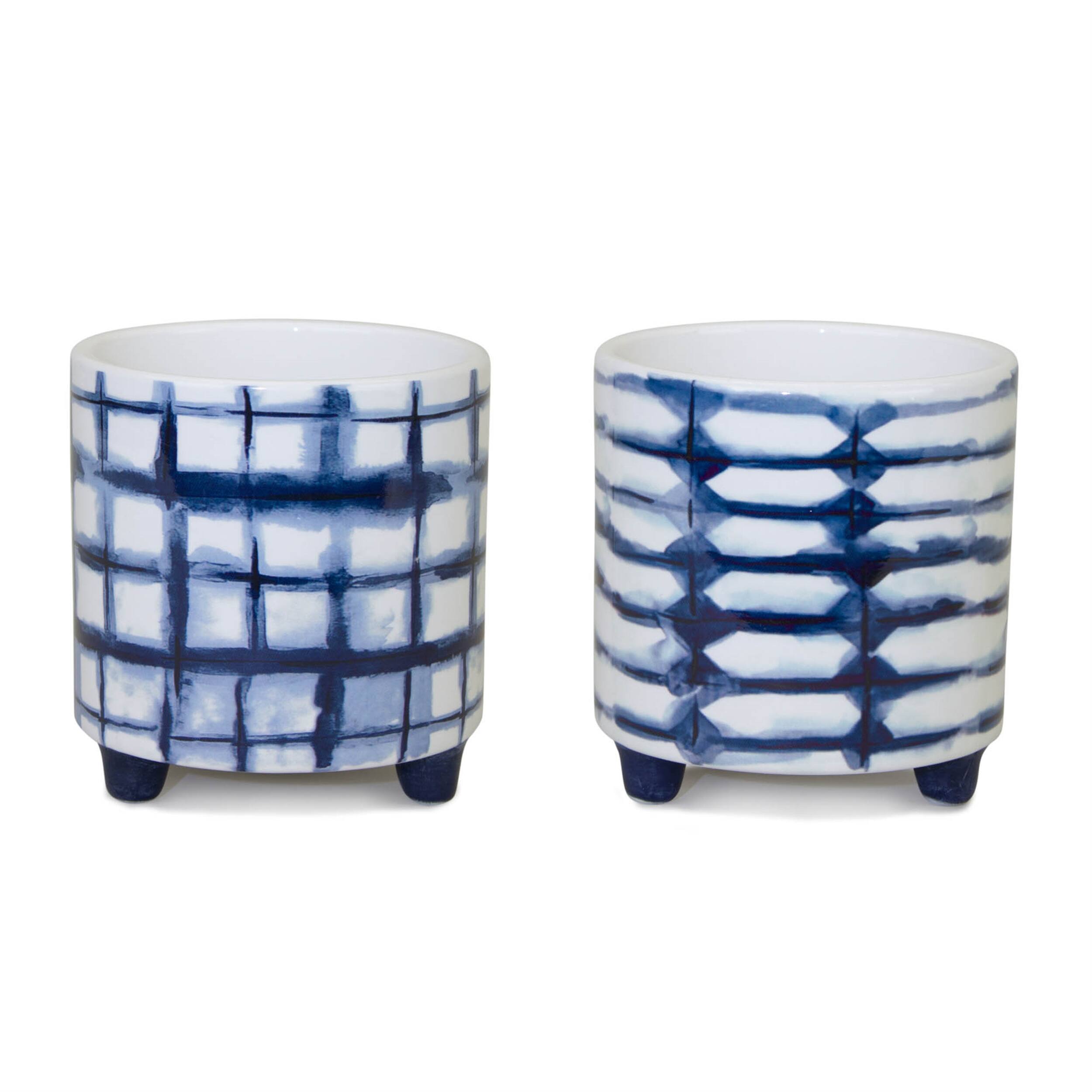 Front. BreeBe - Tie-Dye Design Footed Planter (Set of 2) - Blue, White.