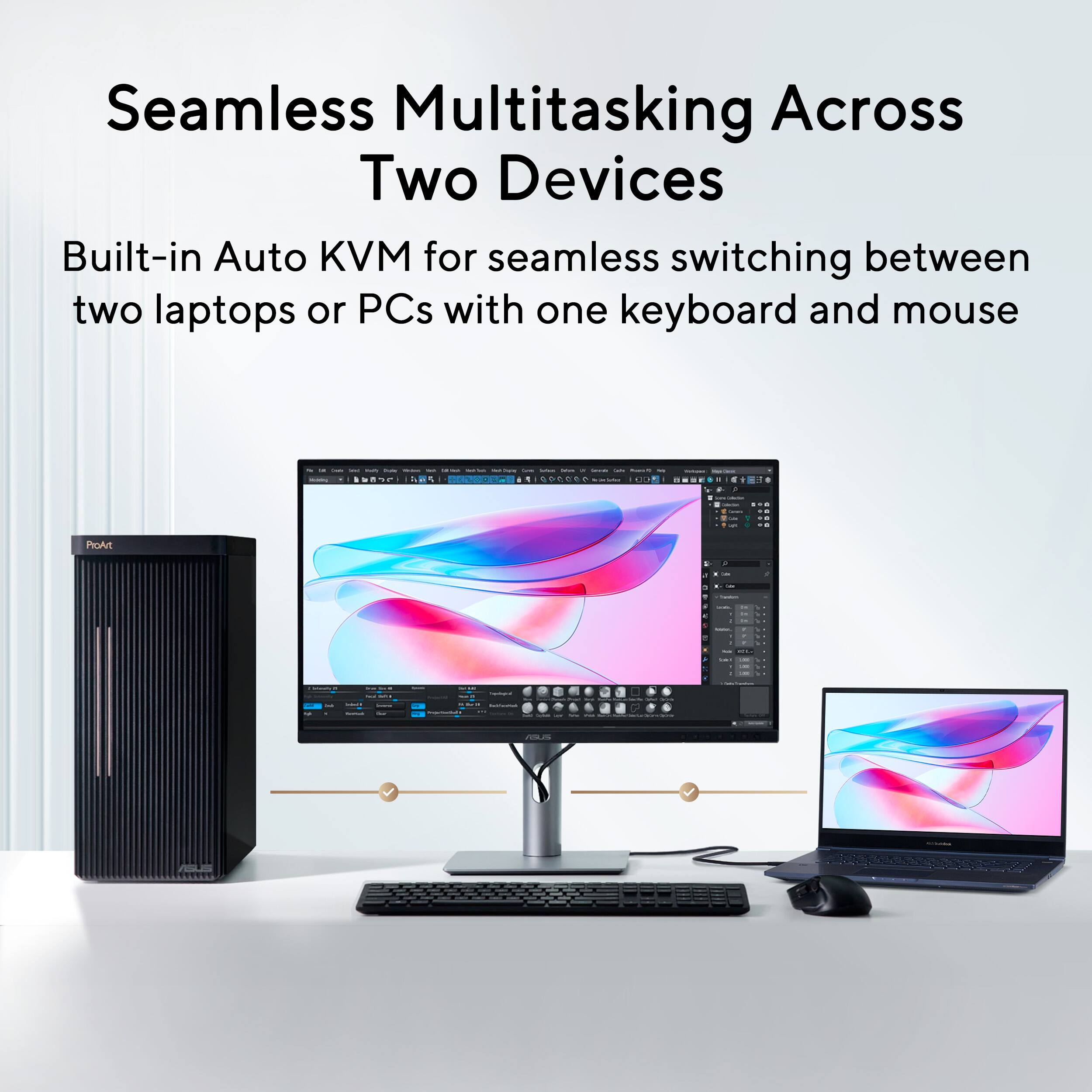 Seamless Multitasking Across Two Devices

Built-in Auto KVM for seamless switching between two laptops or PCs with one keyboard and mouse