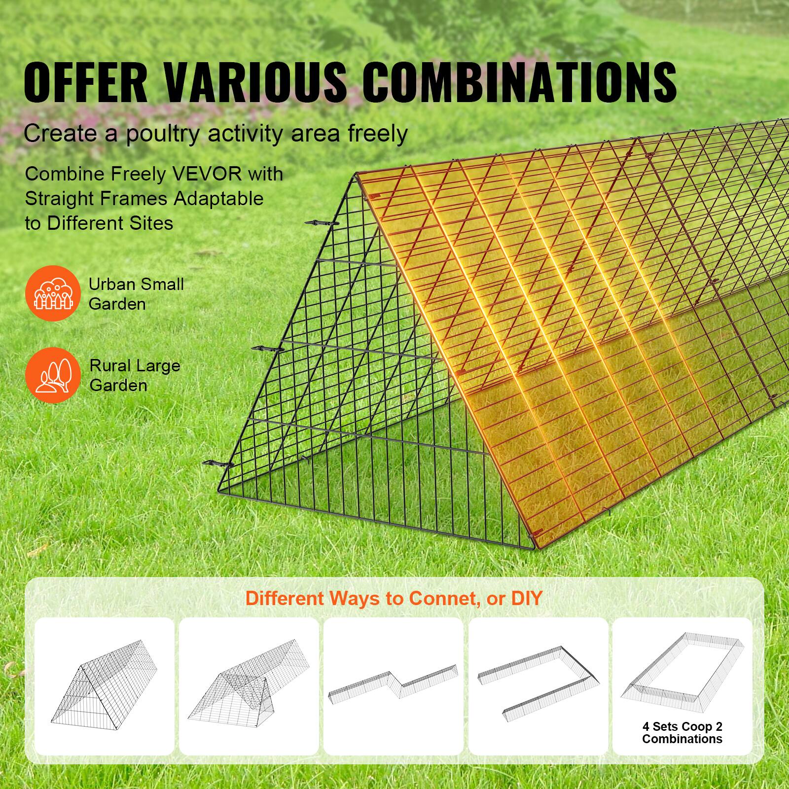 OFFER VARIOUS COMBINATIONS

Create a poultry activity area freely

Combine Freely VEVO with Straight Frames Adaptable to Different Sites

Urban Small Garden

Rural Large Garden

Different Ways to Connect, or DIY

4 Sets Coop 2 Combinations
