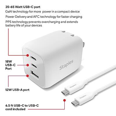 35-65 Watt USB-C port  
GaN technology for more power in a compact device  
Power Delivery and AFC technology for faster charging  
PPS technology prevents overcharging and extends battery life of your devices  

18W USB-C Port  
12W USB-A port  

6.5 ft USB-C to USB-C cord included