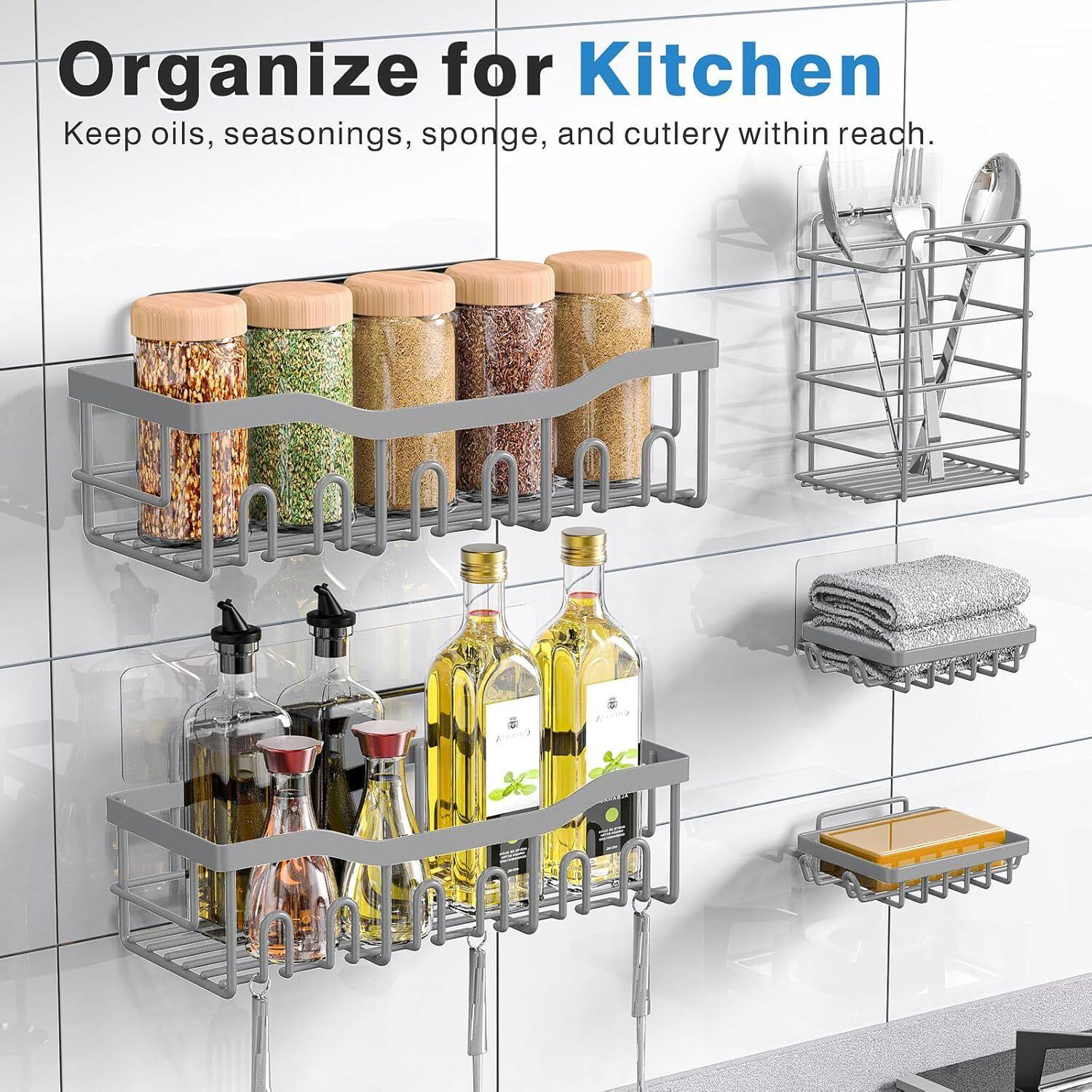 Angle. Mirfee - 5-Pack No-Drill Shower Caddy, Rustproof Stainless Steel Adhesive Shelves, Large Capacity Bath & Kitchen Organizer - Silver.