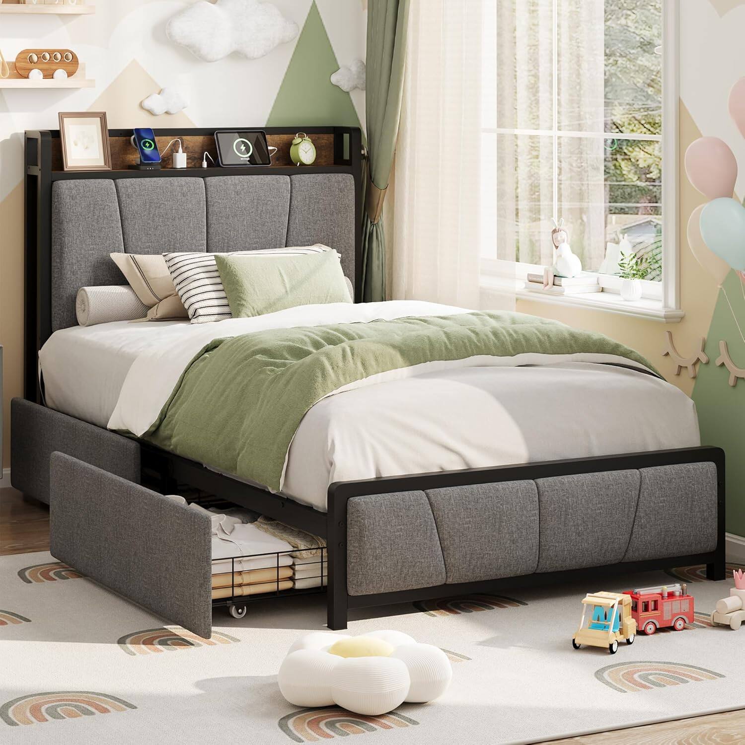 Jojoka - Twin XL Bed Frame with 2 Storage Drawers & Charging Station, Storage Headboard, No Box Spring, Grey Linen - Gray