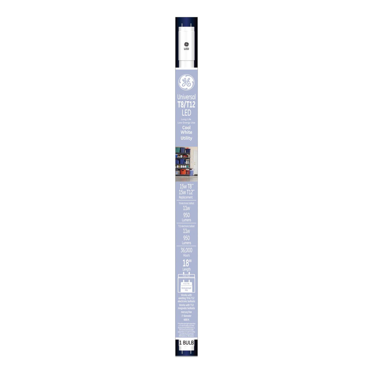 LEO H Universal T8/T12 LED Long Life Cool White Utility 15W T8 Replacement
11W 950 Lumens
36,000 Hours
18" Length
1 Bulb