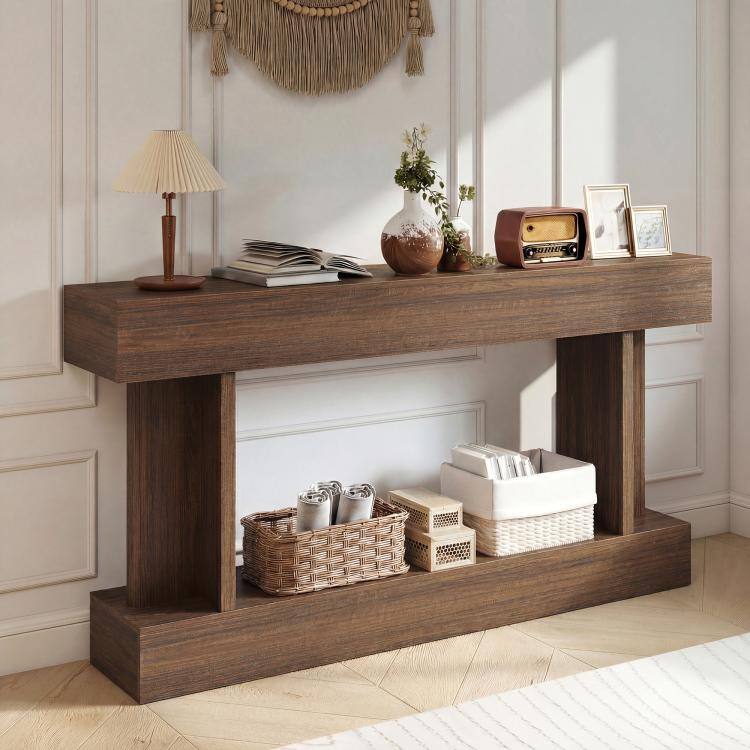 Alt View 1. PULUZ - 63 Inch Long Console Table, Vintage Narrow Entryway Table with Storage Shelf for Living Room and Hallway - Brown.