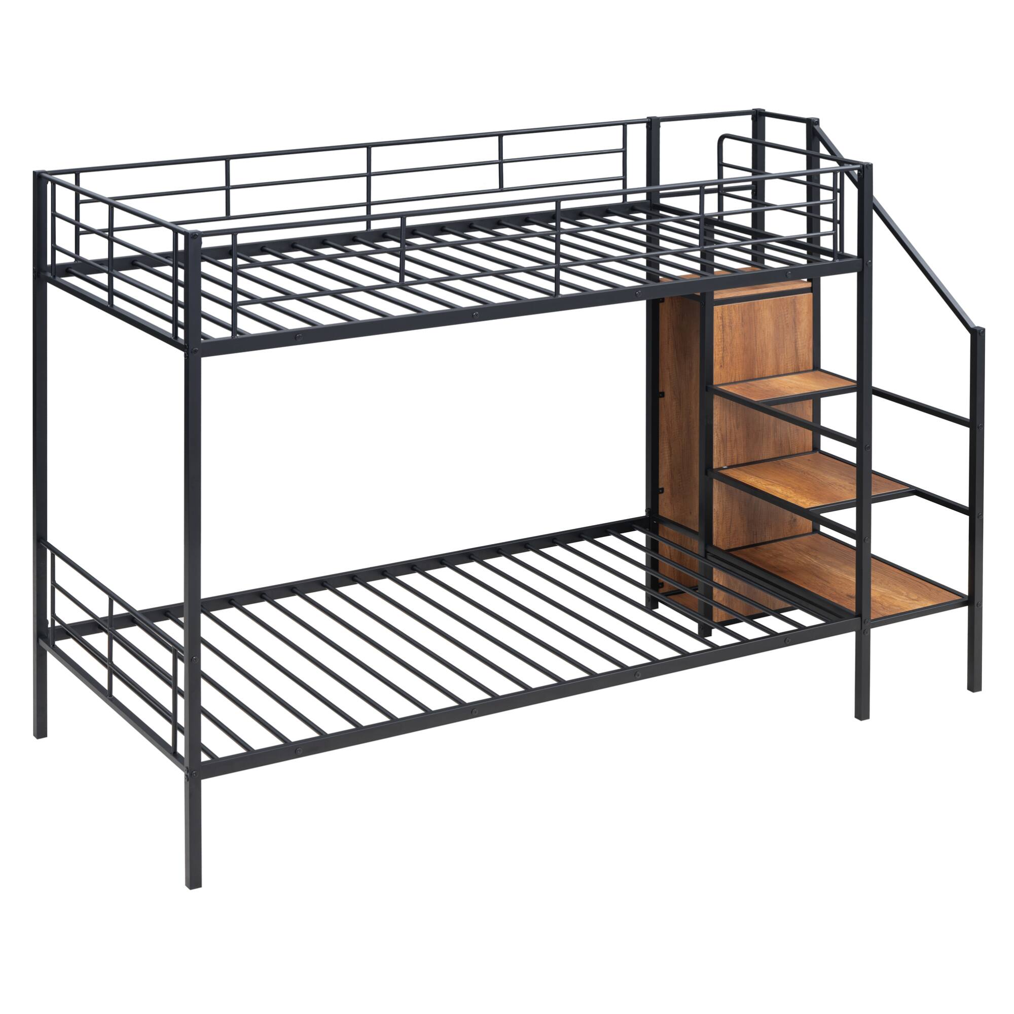 Alt View 4. GOODSILO - Contemporary Twin Over Twin Metal Bunk Bed with Integrated Storage Ladder and Wardrobe - Black.