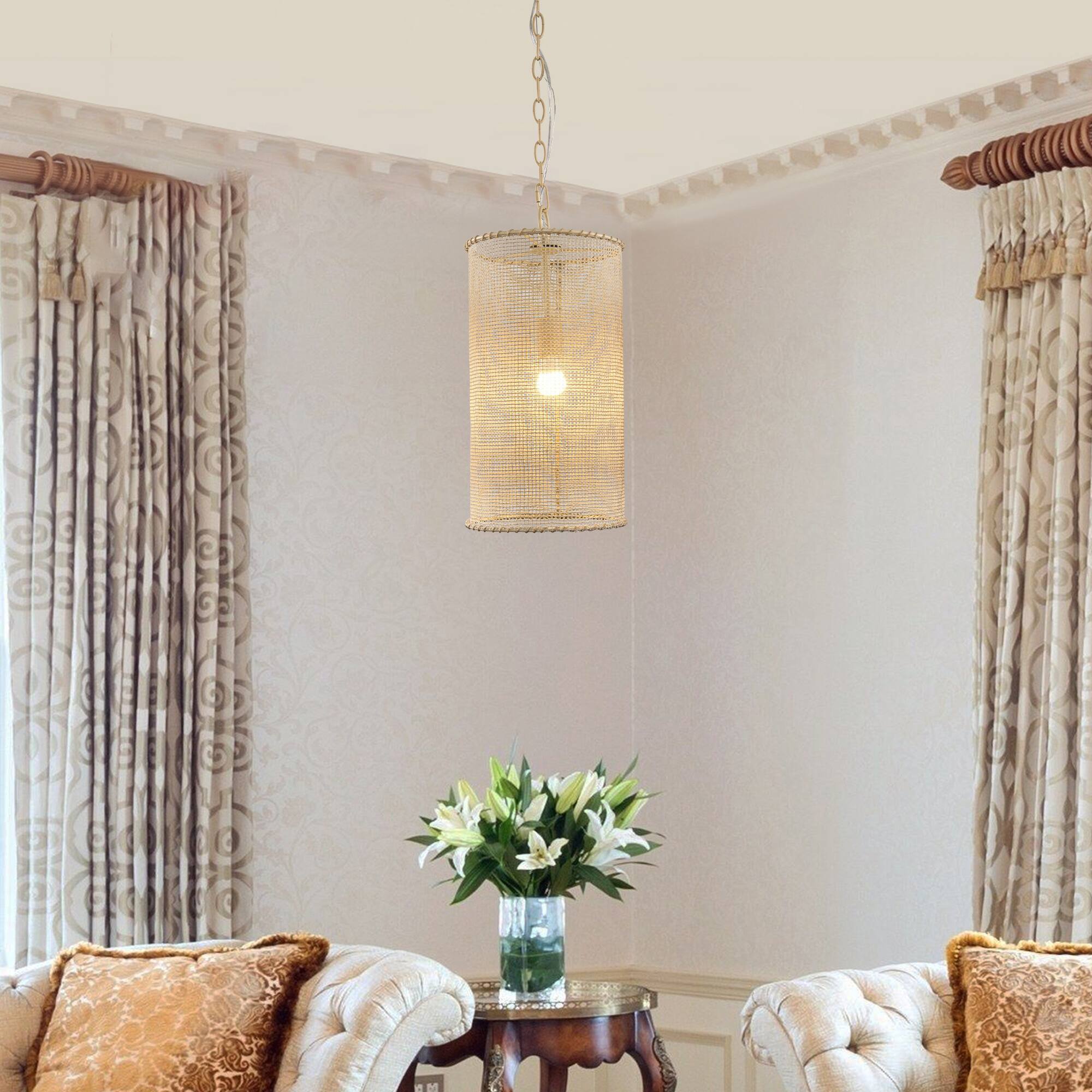 Angle. Parrot Uncle - 9.9 in. 1-Light Beige Cylindrical Mesh Small Hanging Pendant light - Beige.