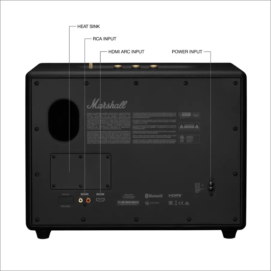 The text on the image is grouped and corrected as follows:

1. Heat Sink
2. RCA Input
3. HDMI ARC Input
4. Power Input
5. Marshall
6. Stereo
7. Bluetooth
8. Home Theater
9. EAC
10. CE

This information provides a detailed description of the features and functionalities of the black electronic device, which is a Marshall stereo system.