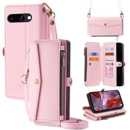 Dteck - Crossbody Wallet Case for Google Pixel 9a with Zipper Purse, Shockproof Protective Cover with Kickstand - Pink