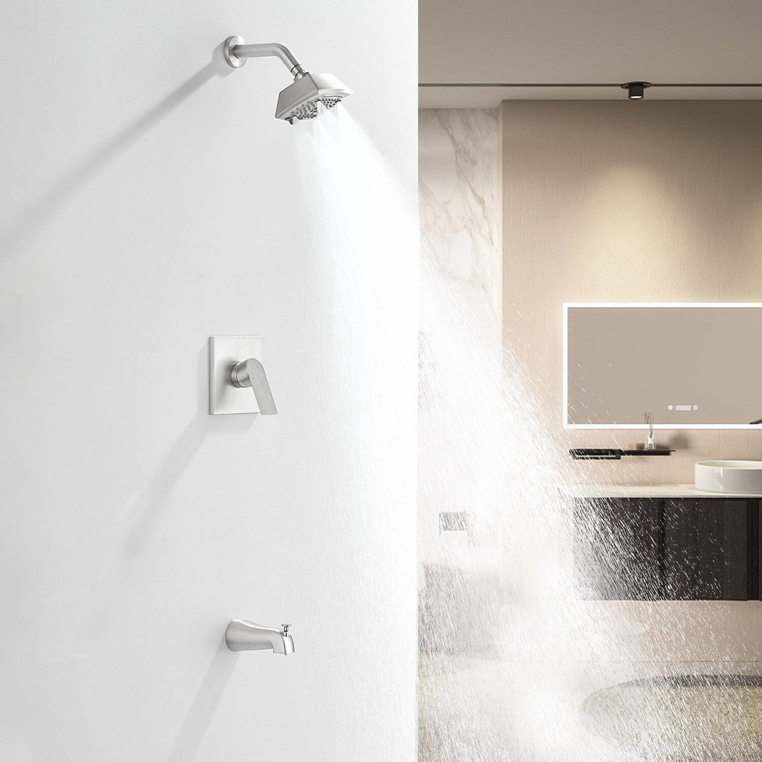 Alt View 4. Boyel Living - Brushed Brass Shower Faucet Set 5-Function ABS Top Spray Pressure Balance Valve Large Flow Lift-Up Spout 1/2NPT Thread - Brushed Nickel.