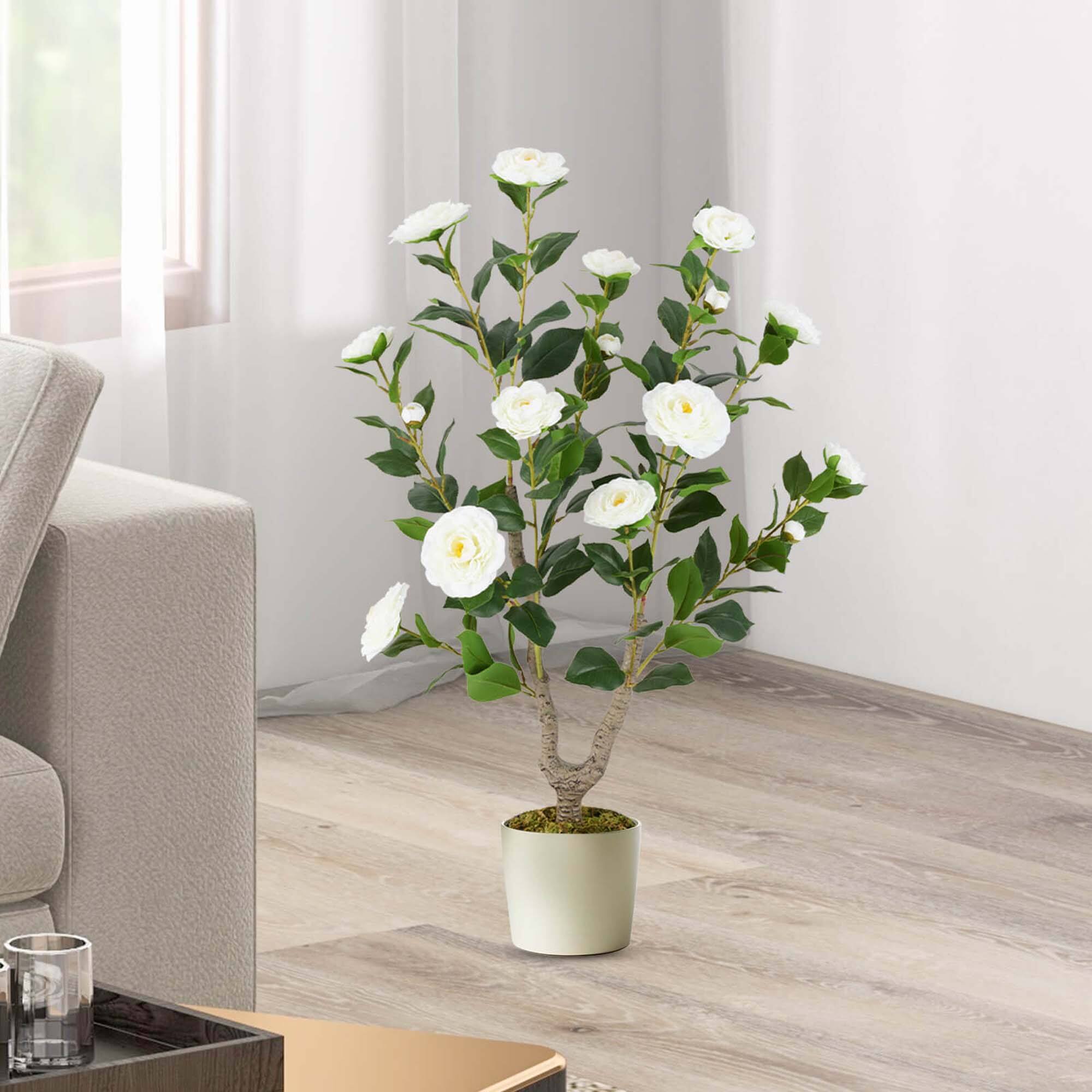 Alt View 1. Costway - Costway 1 PCS 36" Artificial Camellia Tree Fake Potted Tree Greenery Floral Plant Modern White - White.