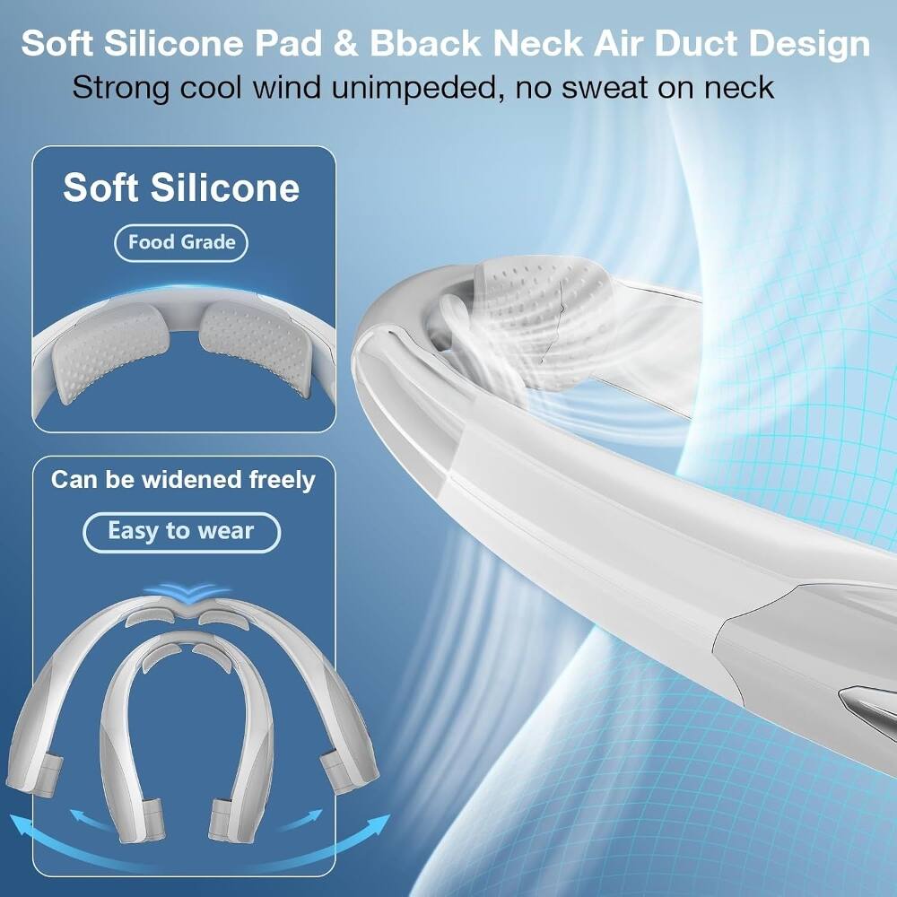 Soft Silicone Pad & Bback Neck Air Duct Design  
Strong cool wind unimpeded, no sweat on neck  

Soft Silicone  
Food Grade  

Can be widened freely  
Easy to wear