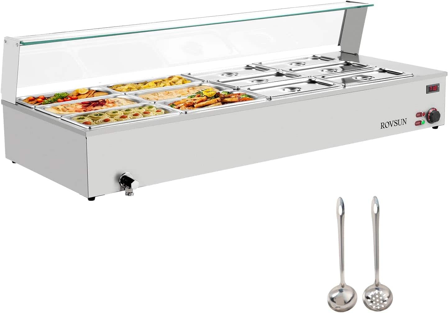 Winado - 96QT 1500W Electric Commercial Food Warmer, 12-Pan Steam Table 8QT/Pan Stainless Steel Bain Marie Countertop w/Shield - Silver