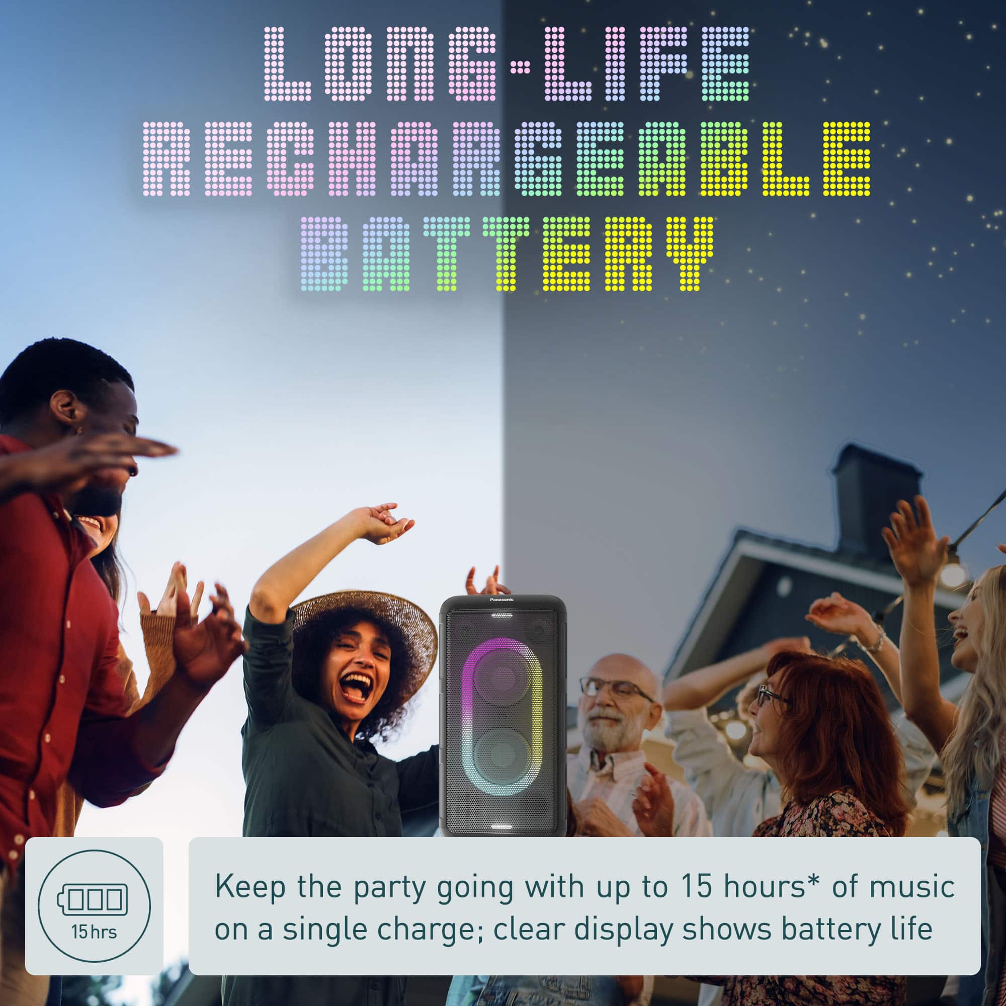 Long-Life Rechargeable Battery: Keep the party going with up to 15 hours of music on a single charge; clear display shows battery life.