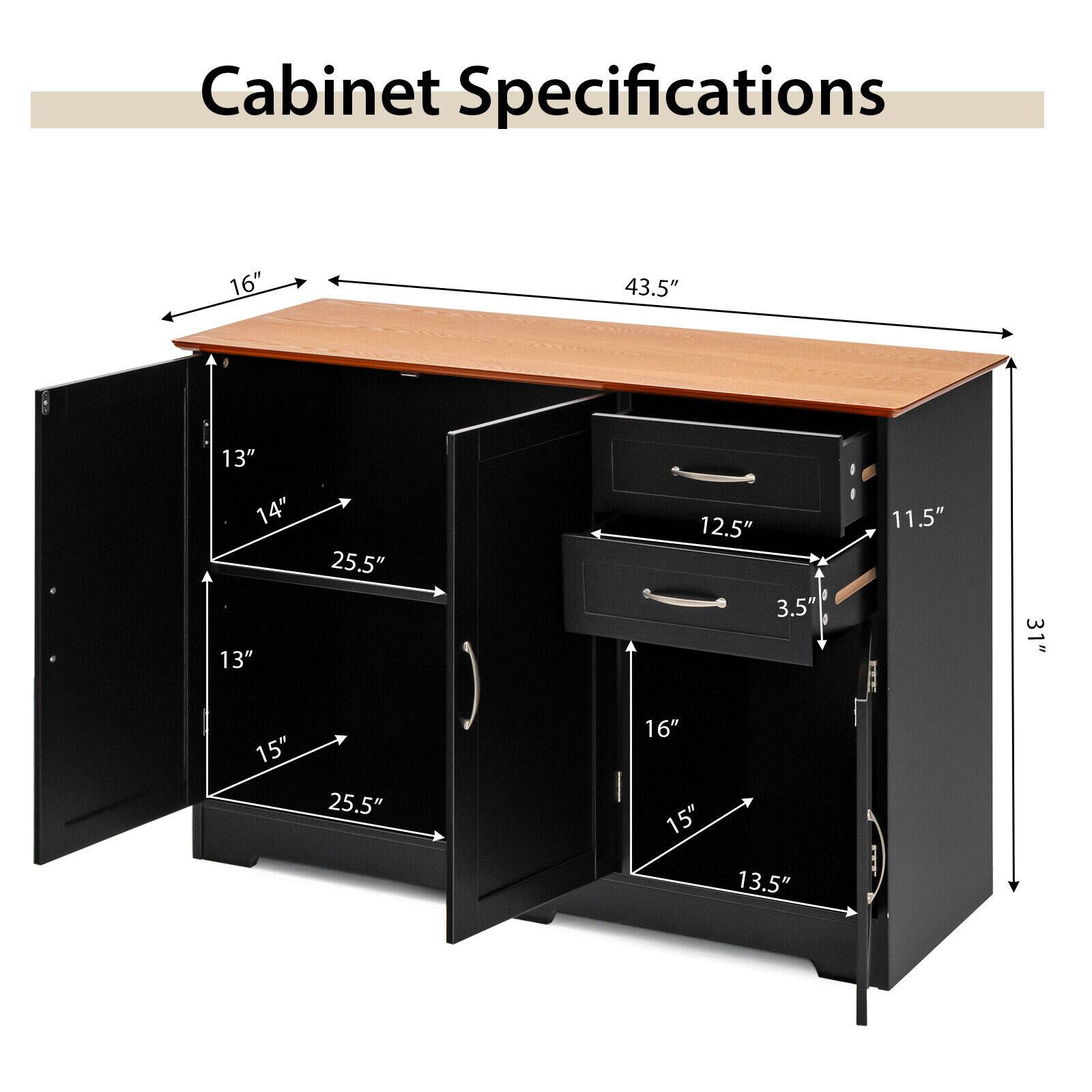 Cabinet Specifications

- Width: 43.5"
- Depth: 16"
- Height: 31"
- Drawer 1: 12.5" x 11.5" x 3.5"
- Drawer 2: 16" x 15" x 13.5"
- Cabinet Door 1: 13" x 14" x 25.5"
- Cabinet Door 2: 13" x 14" x 25.5"