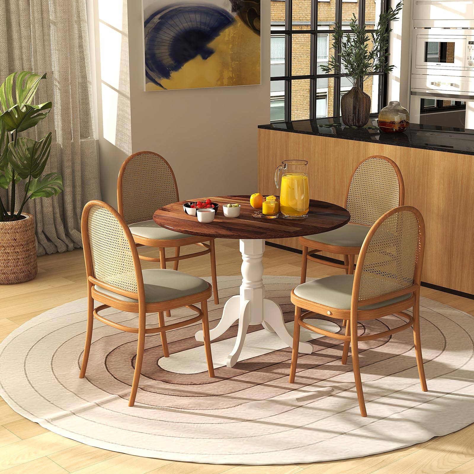 Alt View 1. MAGICAL RUBS - Round Dining Table  39" D X 29" H Rubber Wood Pedestal W/round Tabletop & Curved Trestle 4-person Dinner For - Walnut & White.