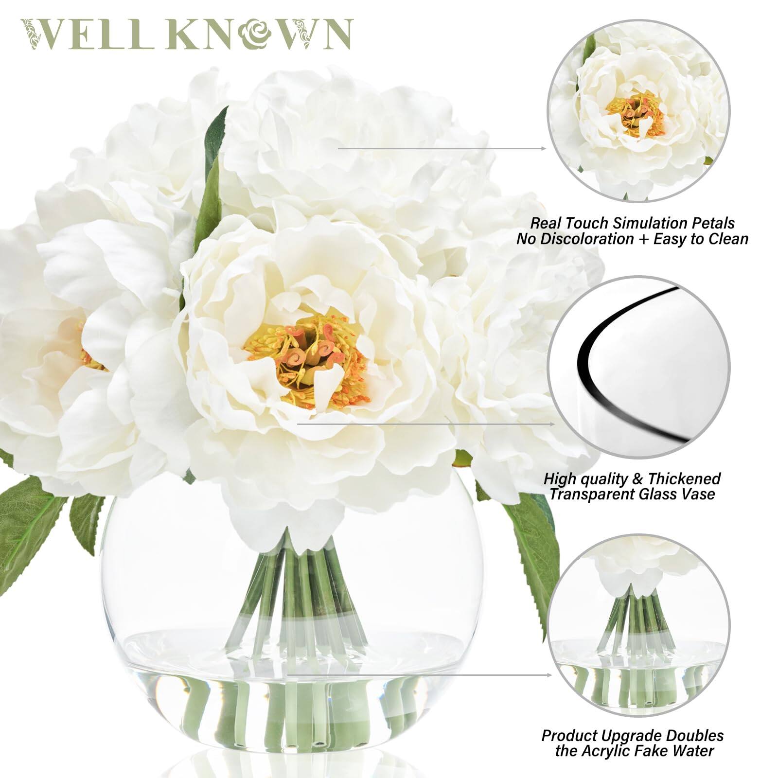 WELL KNOWN

- Real Touch Simulation Petals
- No Discoloration + Easy to Clean
- High quality & Thickened Transparent Glass Vase
- Product Upgrade Doubles the Acrylic Fake Water