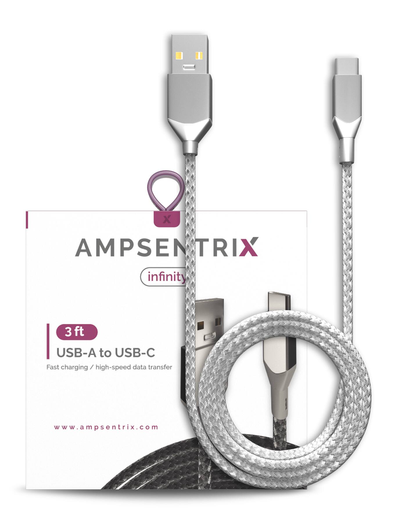 Ampsentrix - 3 ft USB Type C To USB Type A Cable (Infinity) - Silver