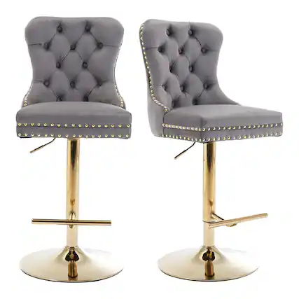 Front. HTUTWOO - Velvet Bar Stools Set of 2, Adjustable Barstools, Swivel Counter Height Chairs with Tufted Back for Kitchen Island, Pub - Gray.