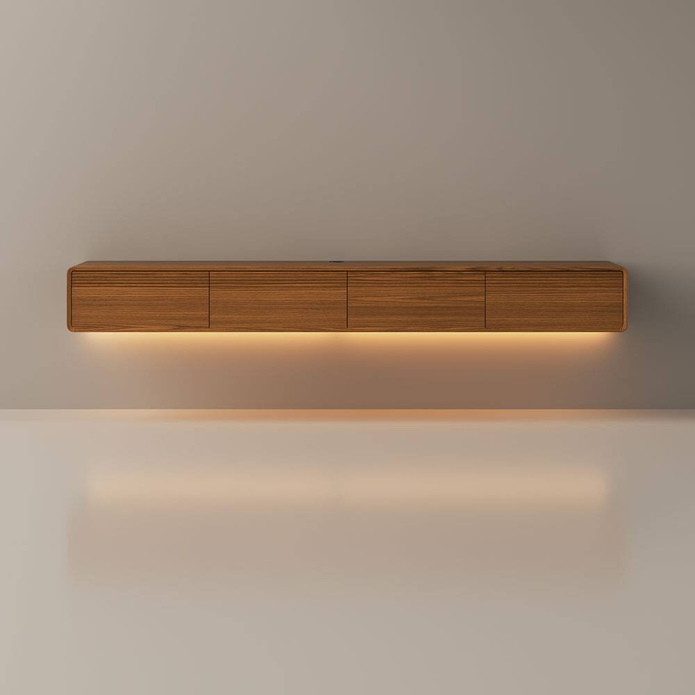 Alt View 8. POVISON - 95" Mid-Century Floating TV Stand with Adjustable LED Lights for Living Room, Wall Mount TV Console for 85-Inch TVs - Walnut Color.