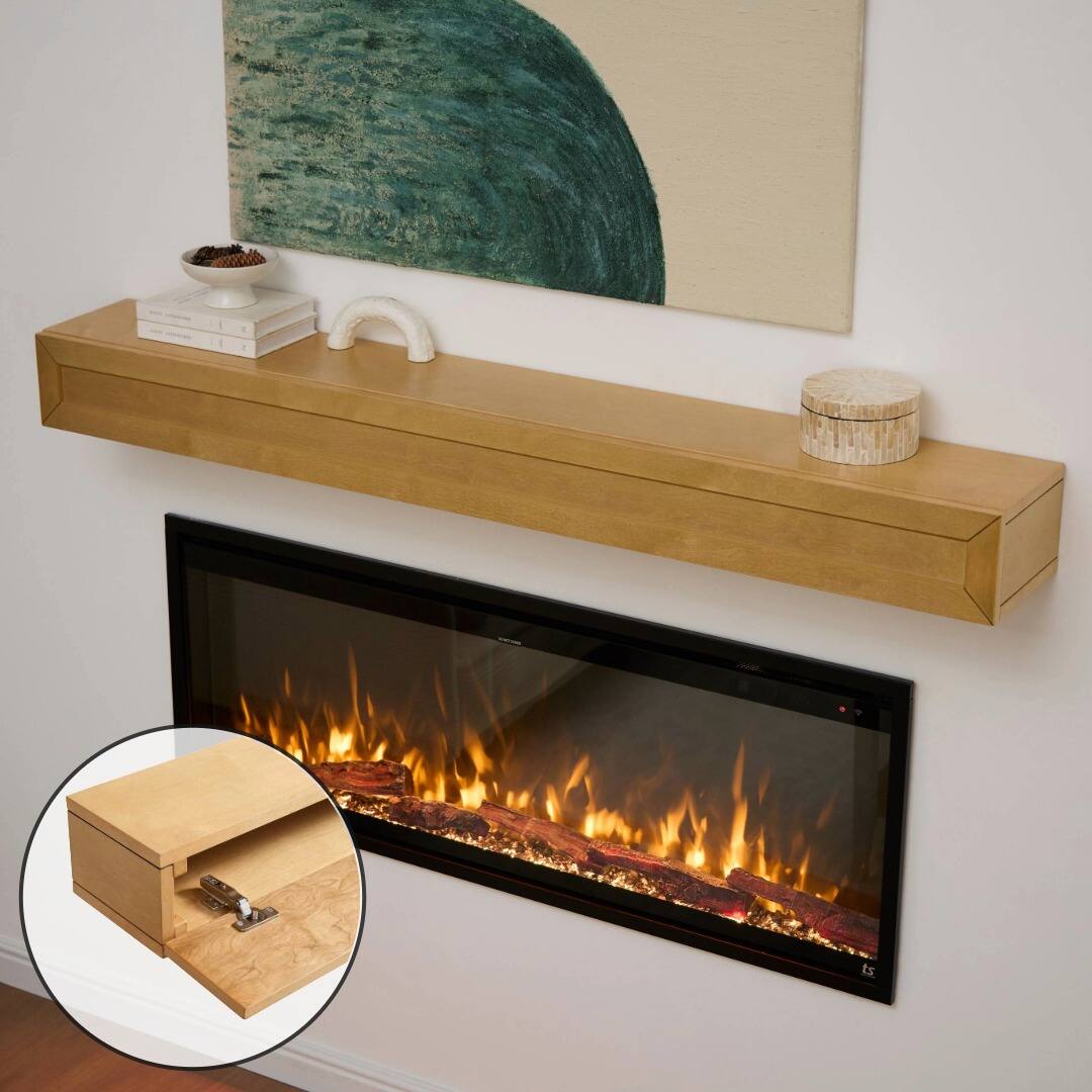 Angle. Touchstone Home Products - Fireplace Mantel Shelf w/ Hidden Storage , 60" x 8.5" x 5.75", Solid Pine Wood Mantel for Over Fireplace - Natural Finish.