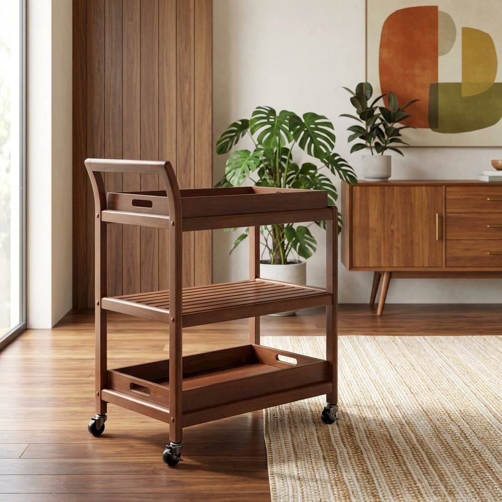 Alt View 4. FurniFact - Solid Wood Kitchen Cart With Serving Trays, Vintage Bar Cart On Wheels - Walnut.