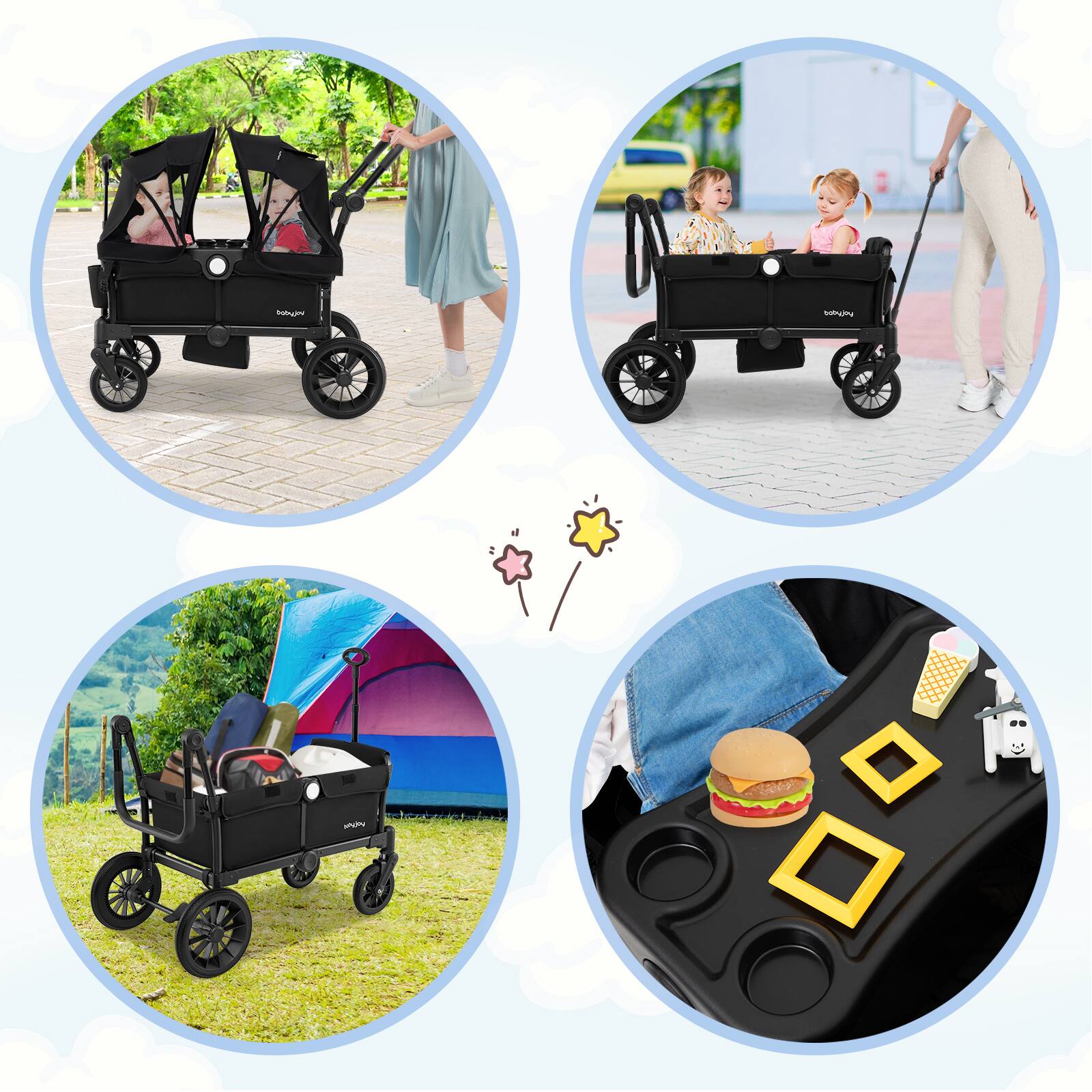 Alt View 8. Costway - Costway Collapsible Push Pull Double Stroller Wagon with Adjustable Handle Bar, Removable Canopy - Black.