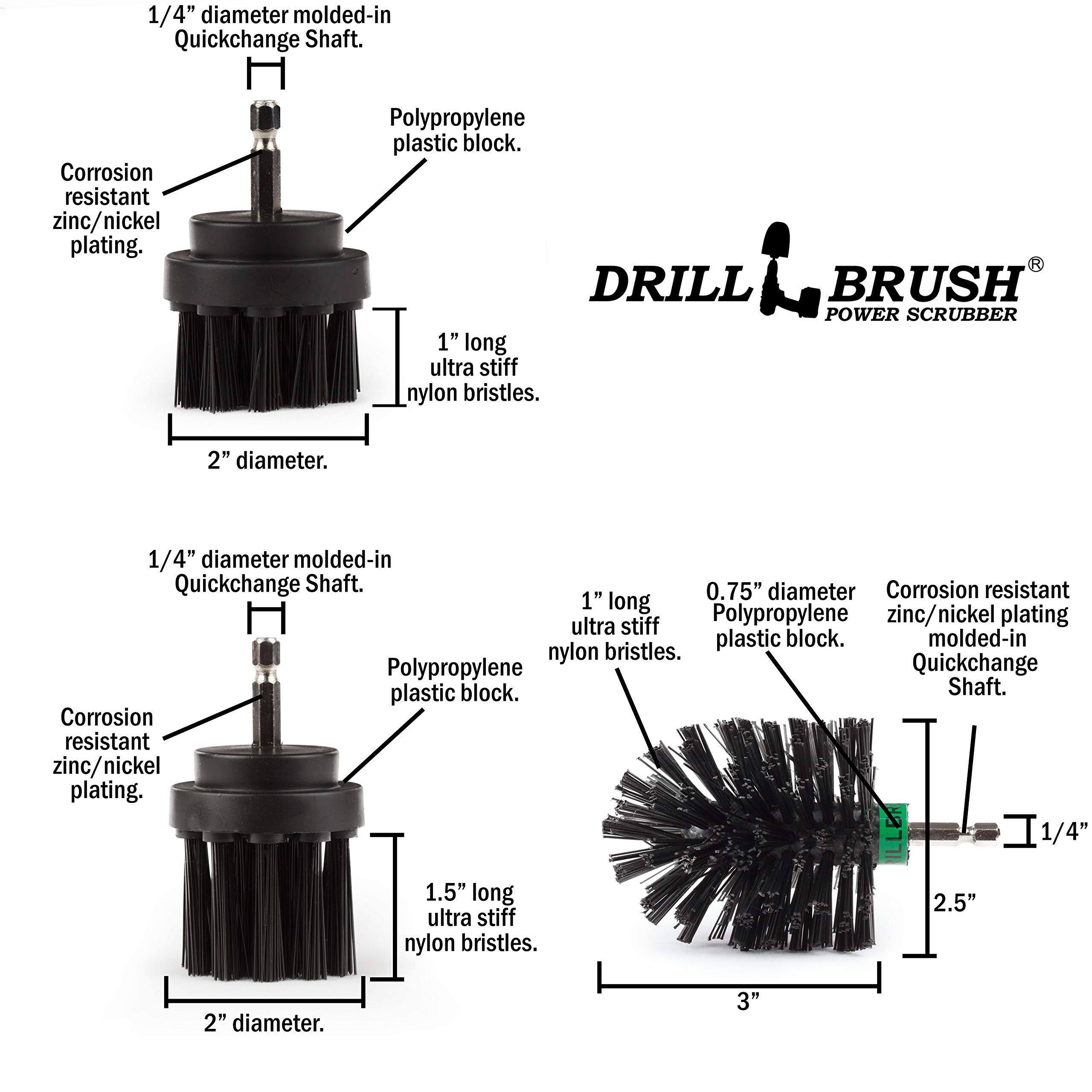 1/4" diameter molded-in Quickchange Shaft. Corrosion resistant zinc/nickel plating. Polypropylene plastic block. DRILL BRUSH POWER SCRUBBER 1" long ultra stiff nylon bristles. 2" diameter. 1/4" diameter molded-in Quickchange Shaft. 0.75" diameter Corrosion resistant 1" long ultra stiff Polypropylene zinc/nickel plating plastic block. molded-in nylon bristles. Polypropylene Quickchange plastic block. Shaft. Corrosion resistant zinc/nickel plating. DRILL BRUSH POWER SCRUBBER 1.5" long ultra stiff nylon bristles. 2" diameter. 3"