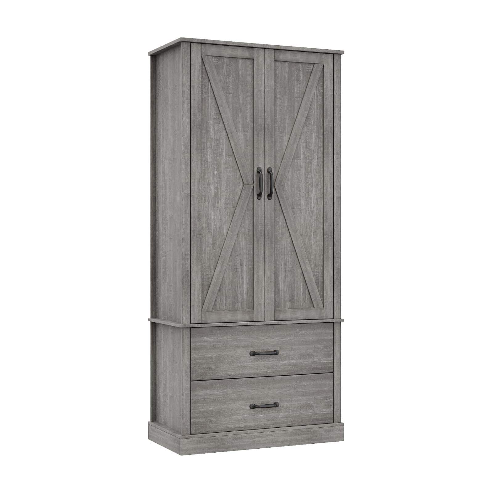 Acekool - Kitchen Pantry Storage Cabinet with Barn Doors, Drawer, and 2 Adjustable Shelves - Gray