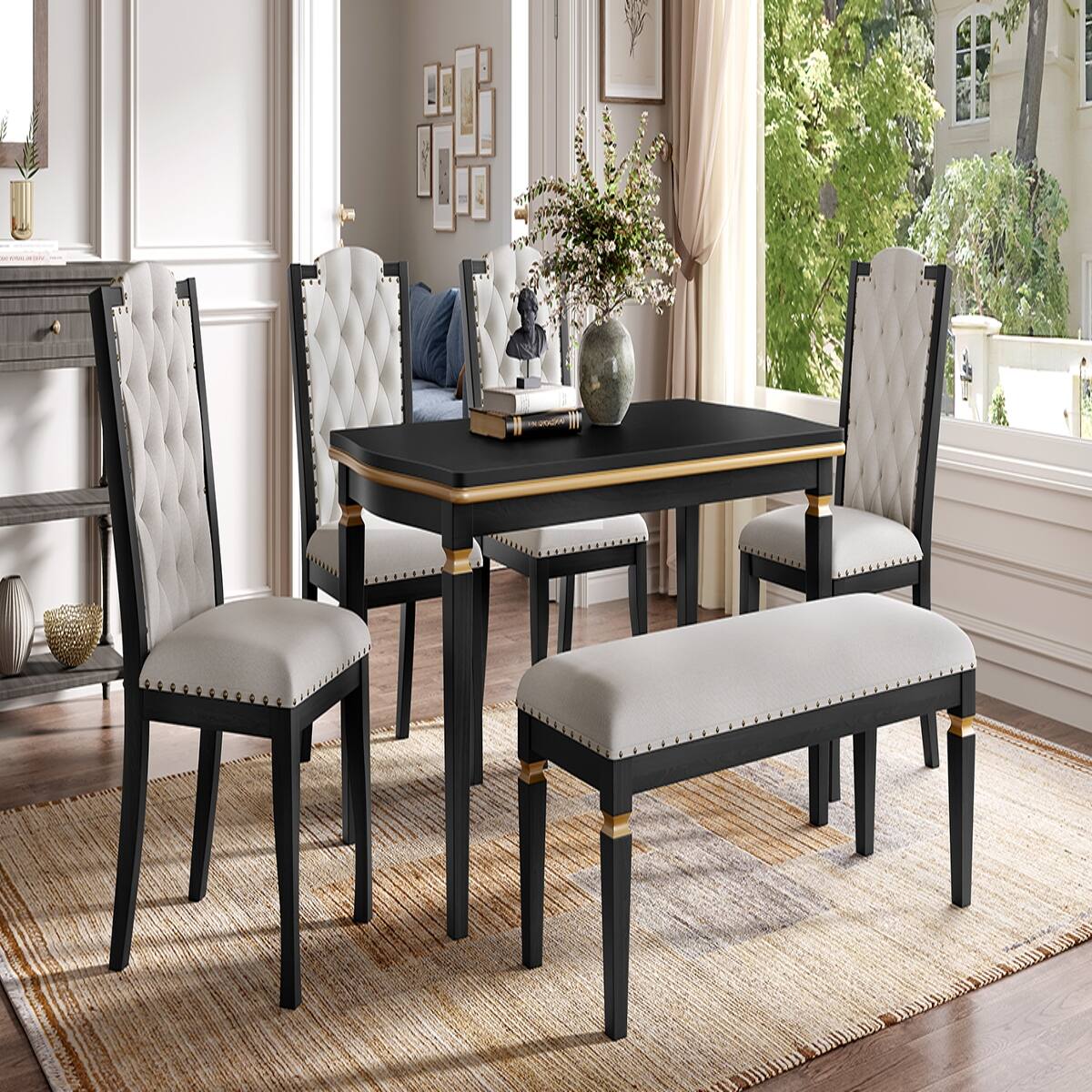 Angle. Loheer - Loheer 6 Piece Dining Table Set with Bench, 60 Inch Rectangular Table and Upholstered Chairs, Black - Black.
