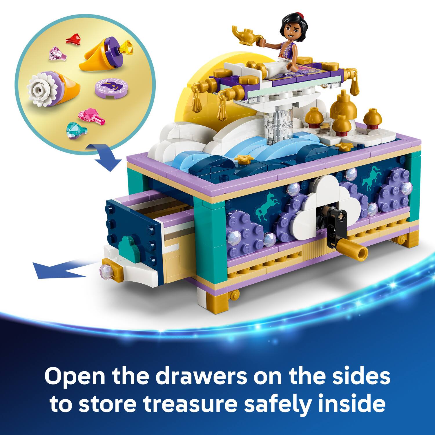 Open the drawers on the sides to store treasure safely inside