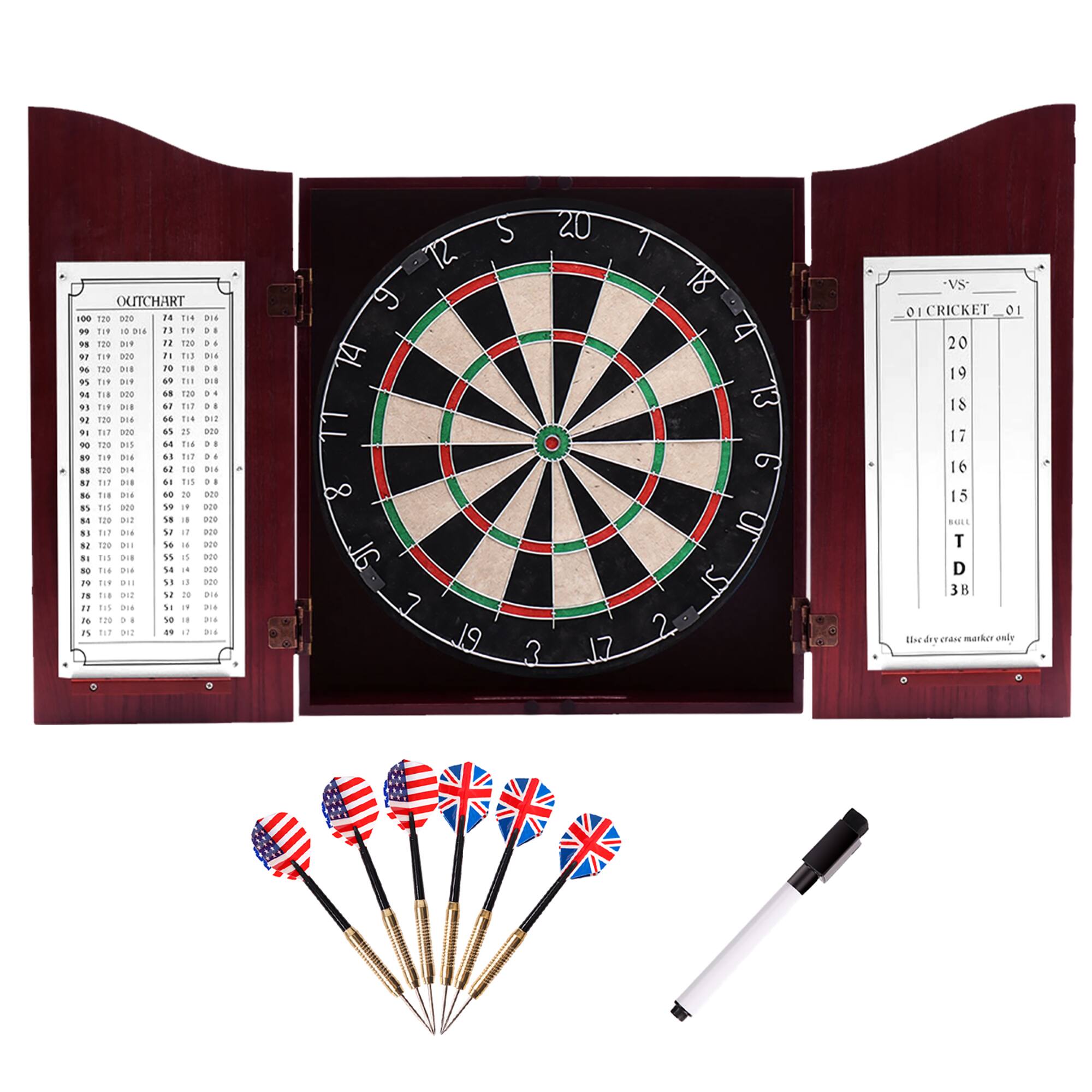 GSE Games & Sports Expert - Dartboard Cabinet with Sisal/Bristle Dartboard, Dart Scoreboard, and 6 Steel Tip Darts - Deluxe Cherry