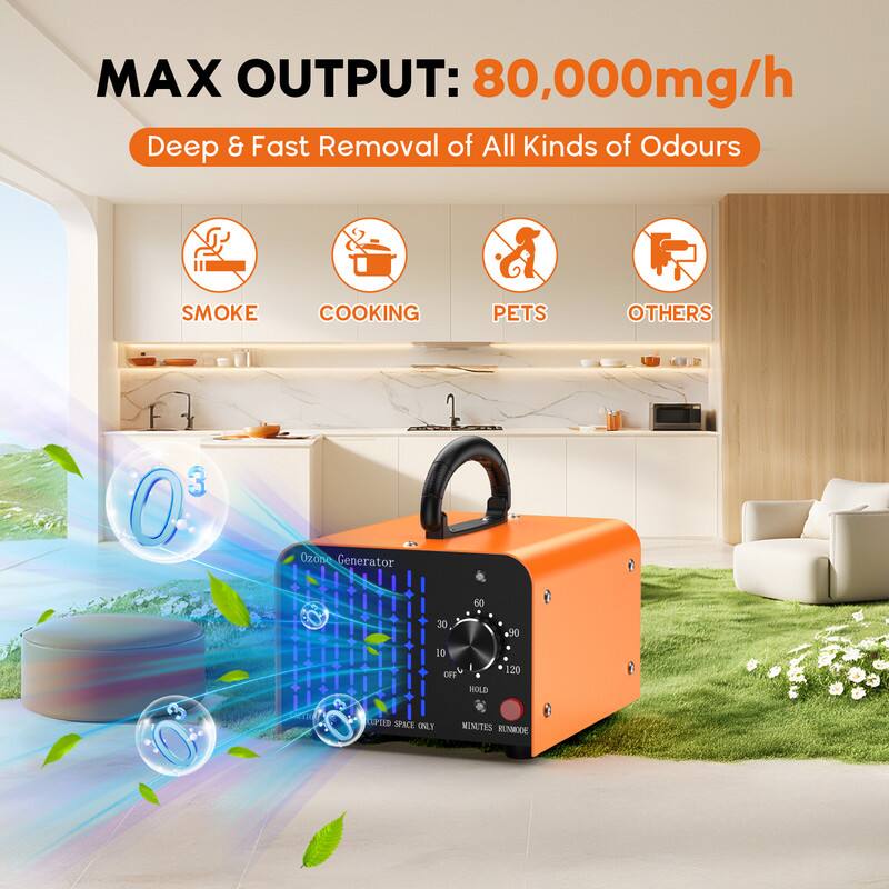 MAX OUTPUT: 80,000mg/h  
Deep & Fast Removal of All Kinds of Odours  
SMOKE COOKING PETS OTHERS  

Ozone Generator  
60 30 90 10  
OFF HOLD 20  

MINUTES RUNMODE  
CERTIFIED SPACE ONLY