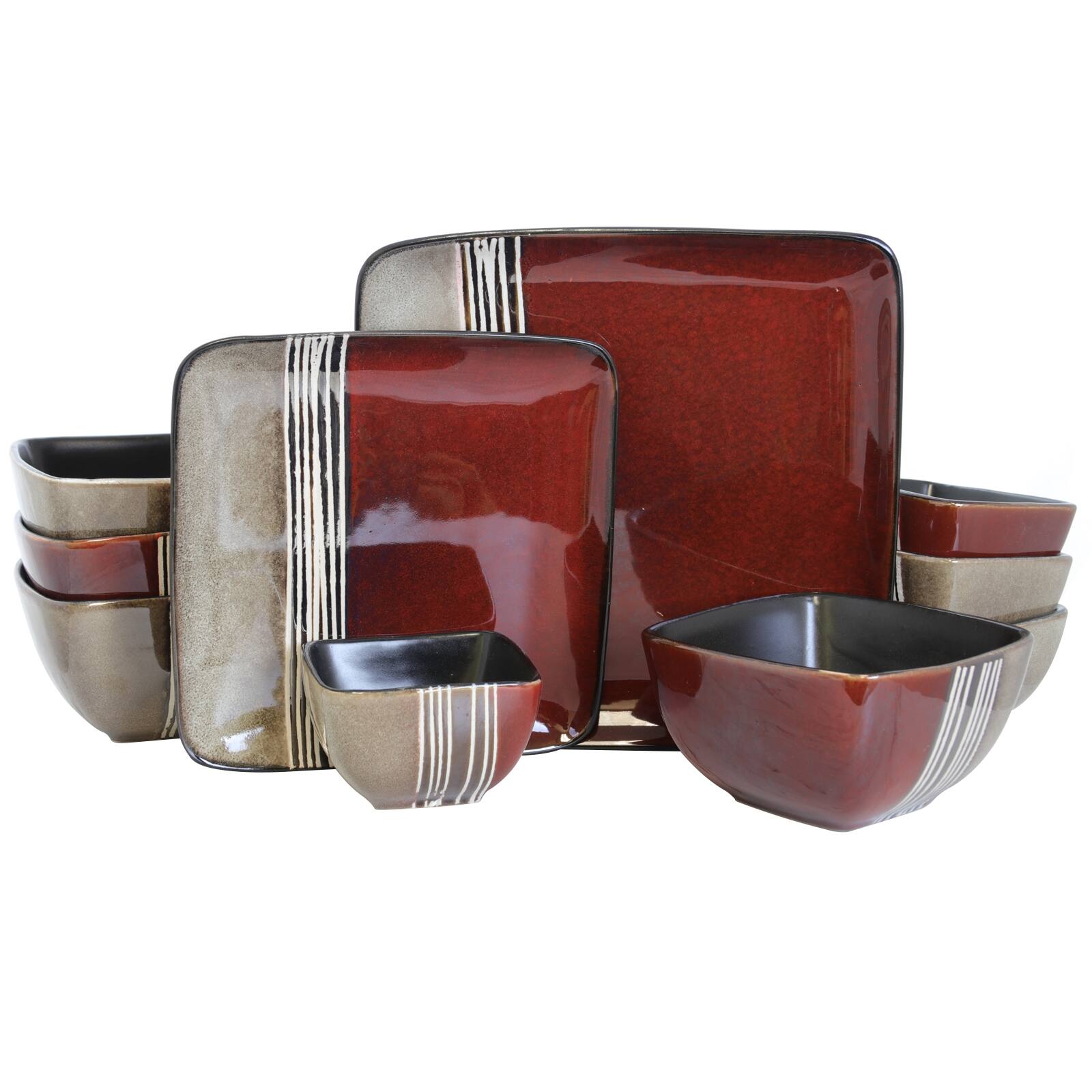 Alt View 4. Elama - Elama Downtown Loft 16 Piece Double Bowl Stoneware Dinnerware Set with Service for 4 - Red.