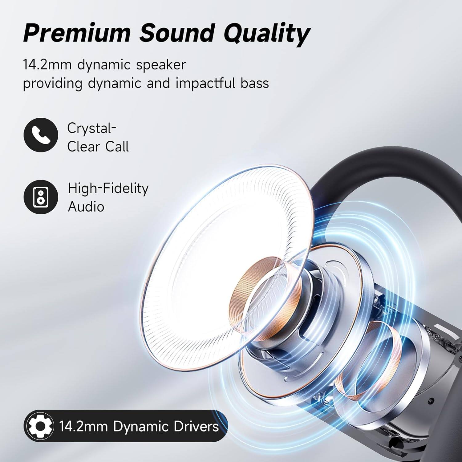 Premium Sound Quality

14.2mm dynamic speaker providing dynamic and impactful bass

Crystal-Clear Call

High-Fidelity Audio

14.2mm Dynamic Drivers