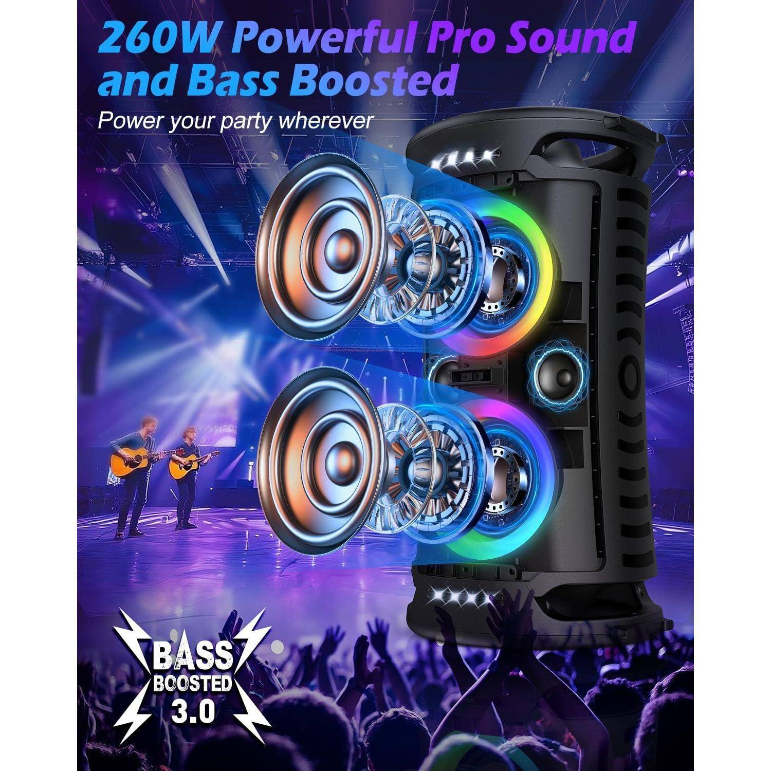 260W Powerful Pro Sound and Bass Boosted  
Power your party wherever  

BASS BOOSTED 3.0