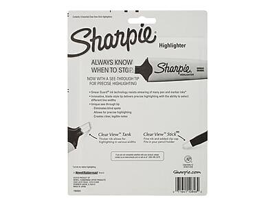 Sharpie Highlighter  
ALWAYS KNOW WHEN TO STOP  
NOW WITH A SEE-THROUGH TIP FOR PRECISE HIGHLIGHTING  

- "Smear Guard" ink technology resists smearing of many pen and marker inks
- Innovative, wide-angle tip delivers precise highlighting with the ability to see through the tip
- Clear View tip allows for precise highlighting
- Creates clear, legible notes

Clear View™ Tank  
Thicker ink allows for highlighting in various widths

Clear View™ Stick  
Fine tip and added grip for precise highlighting

Sharpie.com  
048