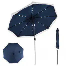 Costway - 10 FT Solar Patio Umbrella with 24 LED Lights, Market Table Umbrella with Fringe - Navy Blue